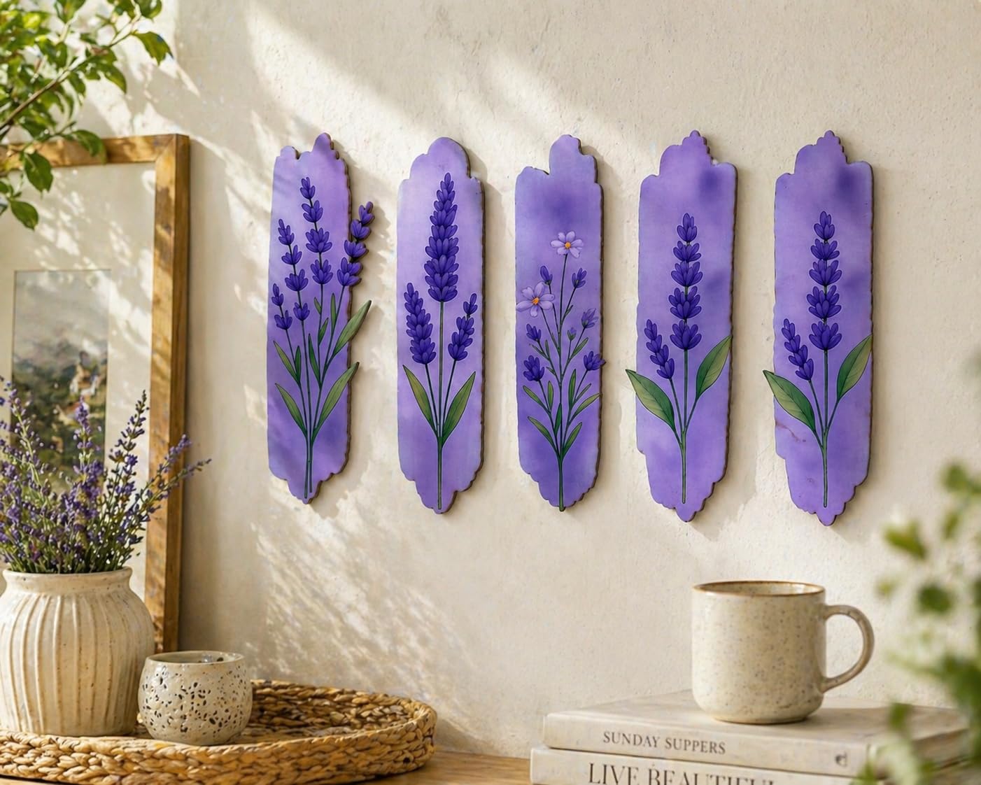 GLADTOGIFT Lavender Wooden Wall Decor Set of 5 | 8 Inch Purple Floral Wall Art Panels | MDF Wall Hanging for Living Room, Bedroom, Office | Aesthetic Home Decor & Gift Item-image-26