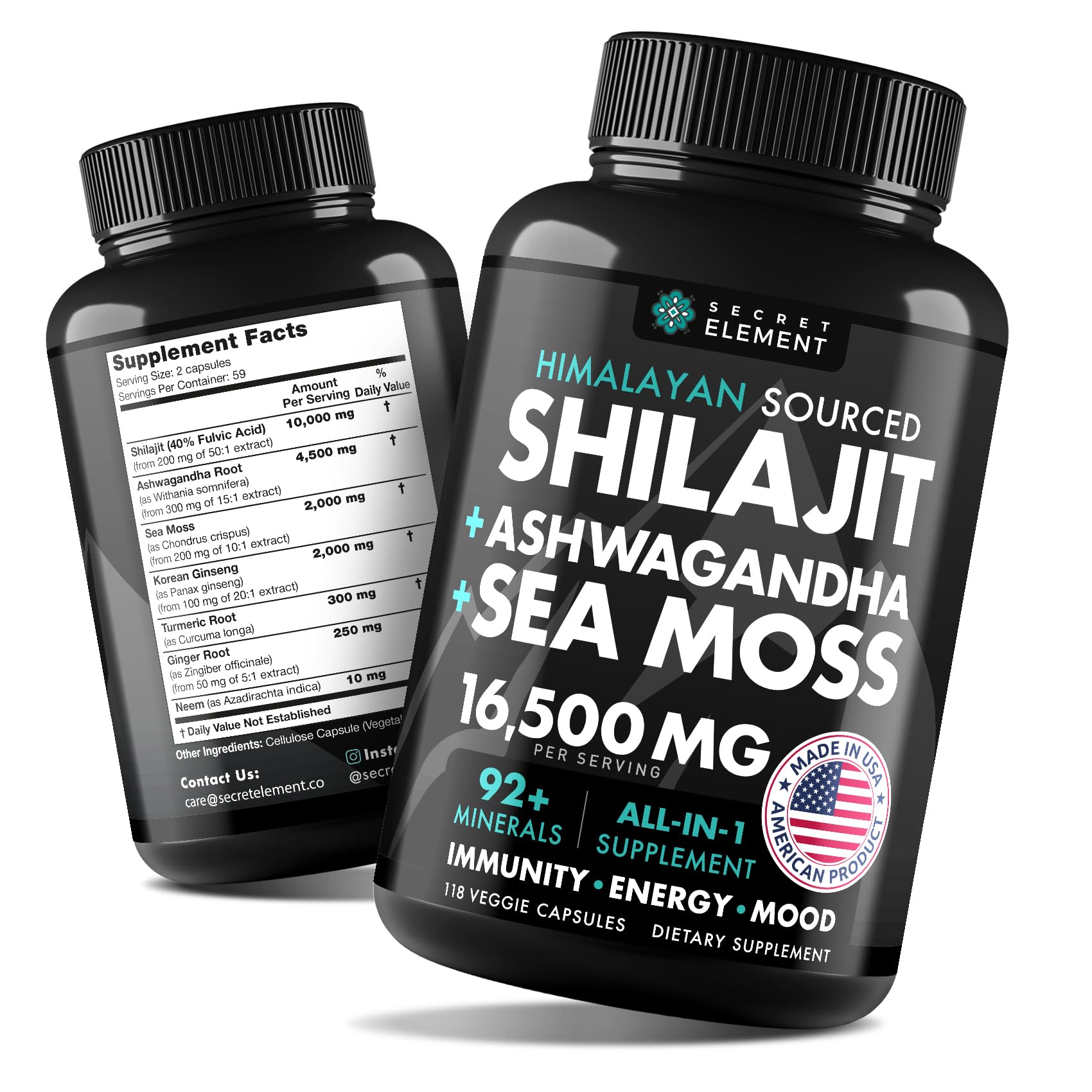 Secret ElementShilajit, Ashwagandha, Sea Moss Capsules - Infused with Neem - Ayurvedic Wellness Trio