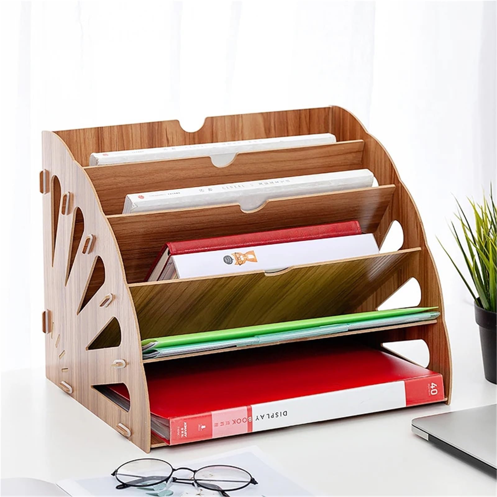 Bandeja para Cartas Ventilador de Madera, Bandeja Papel Prueba pie Multicapa, Organizador Vertical, Estante Archivos, Almacenamiento Datos A4, Carpeta papelería Oficina