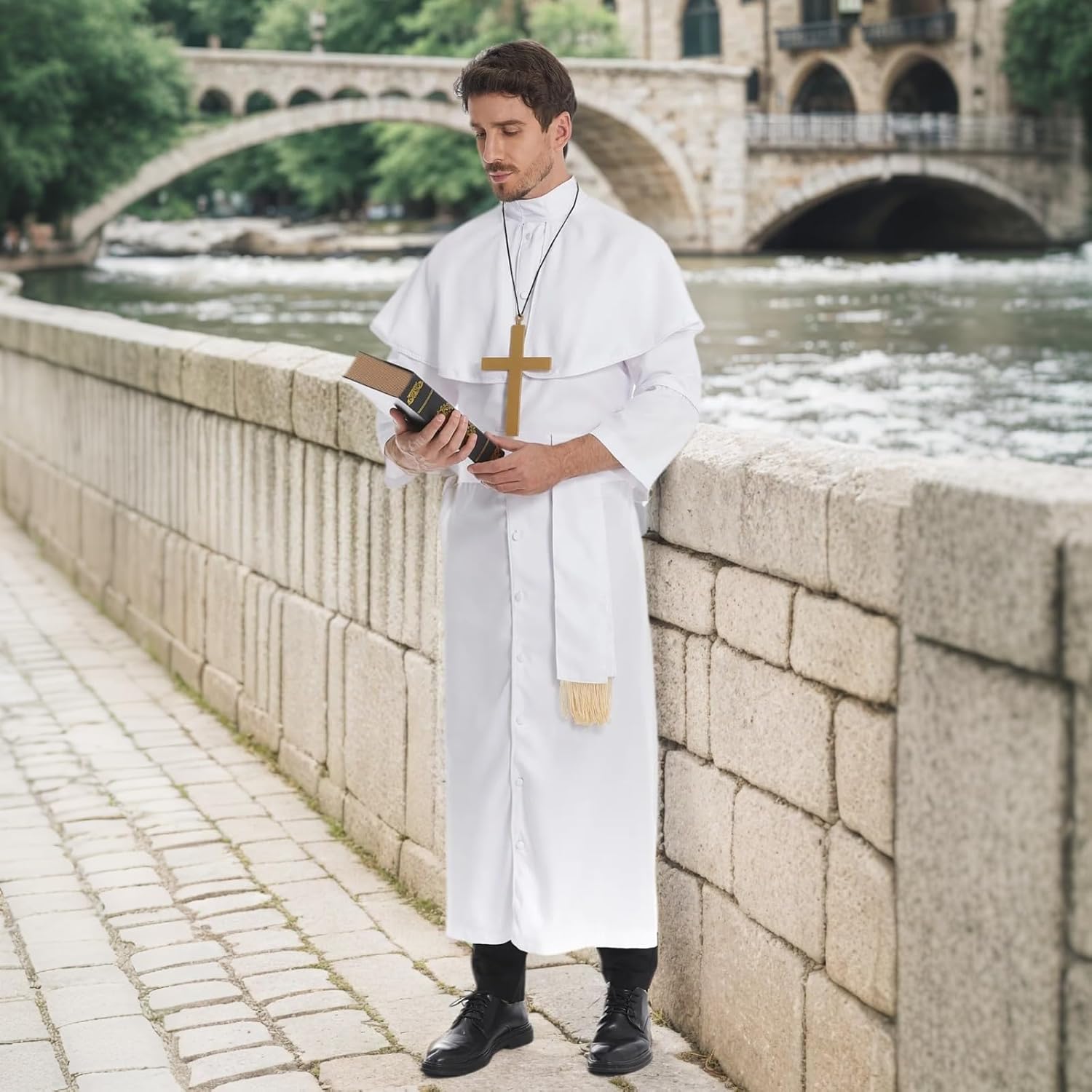Colorful House Clergy Robe Adult Priest Costume Monk wizard for Men Exorcist Costume Halloween Outfit