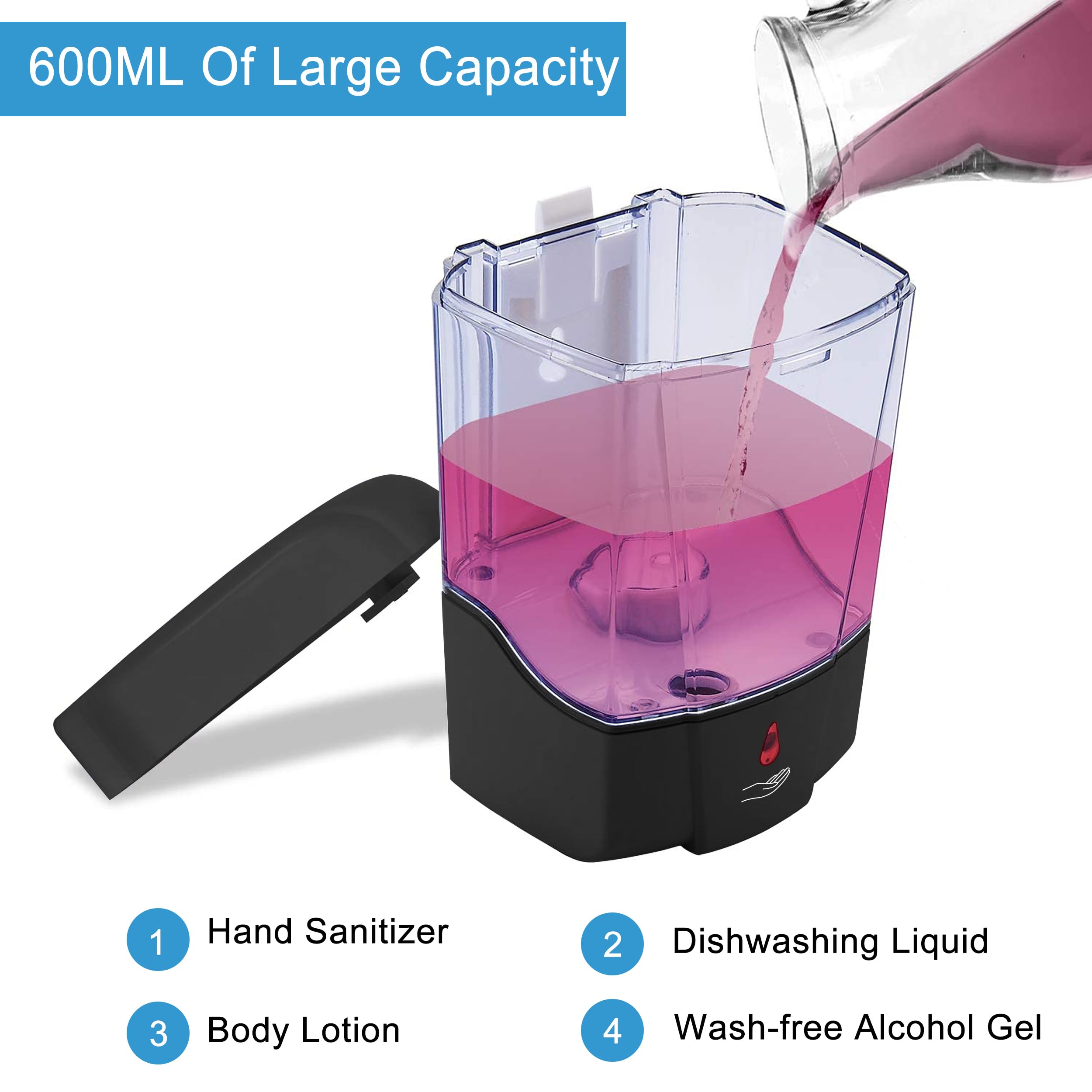 Dispenser automatico di sapone con sensore da parete, nero, a induzione, disinfettante per le mani, dispenser per bagno con gel o liquido, 590 ml