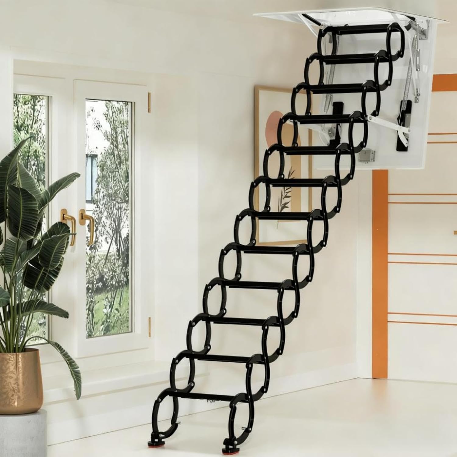 12 Steps Black loft Wall Ladder Stairs and Pull Rod,Loft Wall Folding Pulldown Attic Ceiling Ladder Stairs 39.4 * 27.6"