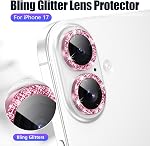 AGVEE 3+3 6 Pack for iPhone 17 6.3" Camera Lens Protector, Bling Diamond & Bling Glitter Metal Ring 9H Tempered HD Glass Camera Cover Film, Bling-Pink | Individual Bling Diamond & Bling Glitter Sparkle Cute Gem Metal Ring, 9H Tempered HD Glass