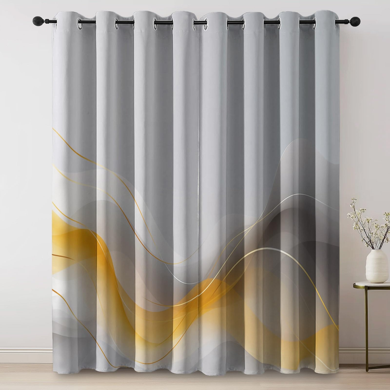 Rideaux Isolants 110L X 215H cm (2 Panneaux), Design Géométrie Simple Ondes Tenture Opaque Anti-Chaleur pour Chambre Principale, Gris Jaune