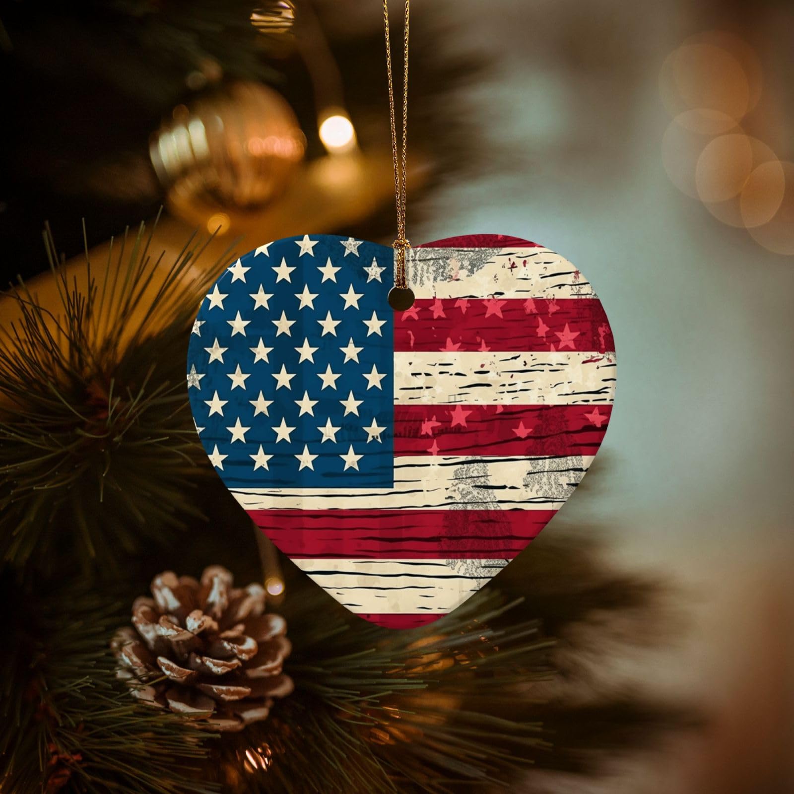 Christmas Tree Ornaments Ceramics Christmas Decorations American Flag Pattern Ornaments with Gold Ribbon Porcelain Xmas Tree Crafts Heart Shape Hanging Pendant for Christmas Tree Party Decor
