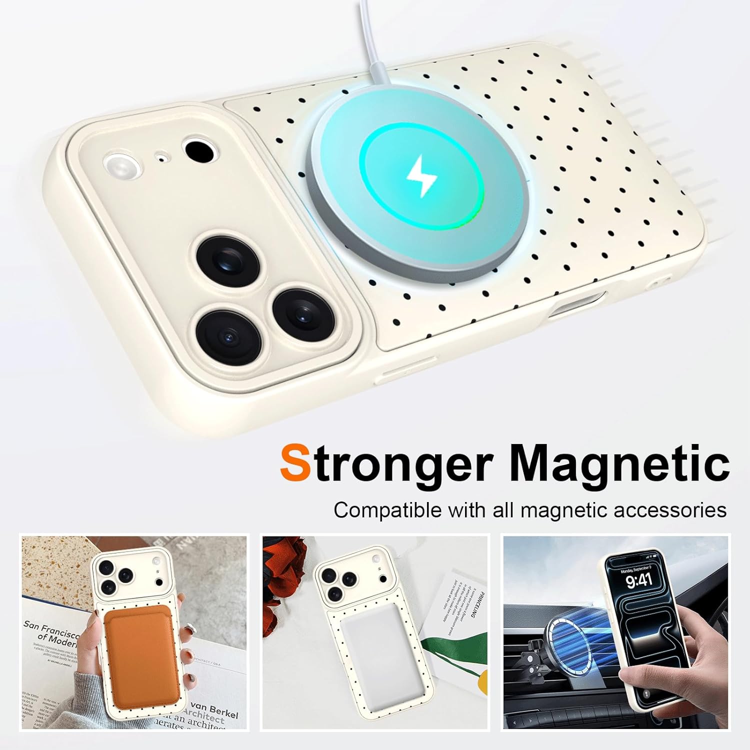 KANGHAR for iPhone 17 Pro Max Case, Cute Polka Dot Phone Cover with Kickstand & Adjustable Finger Strap, Full Camera Protection, Shockproof Protective Magnetic Cover - White