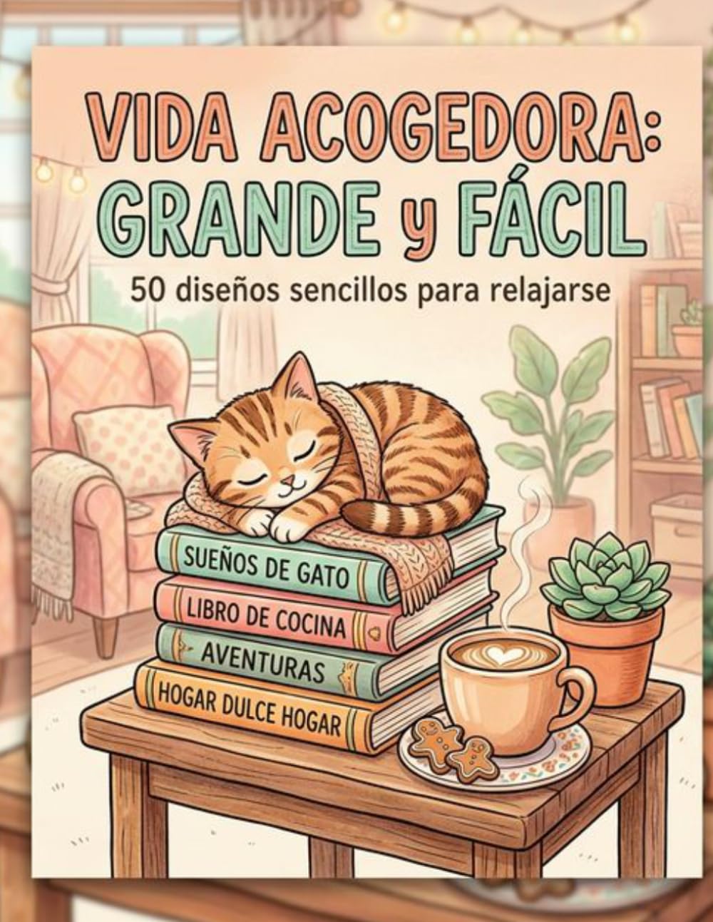 Vida Acogedora: Grande y Fácil: 50 Ilustraciones para Colorear de Objetos Cotidianos, Gatos y Decoración del Hogar – Diseños de Líneas Gruesas para Adultos y Seniors