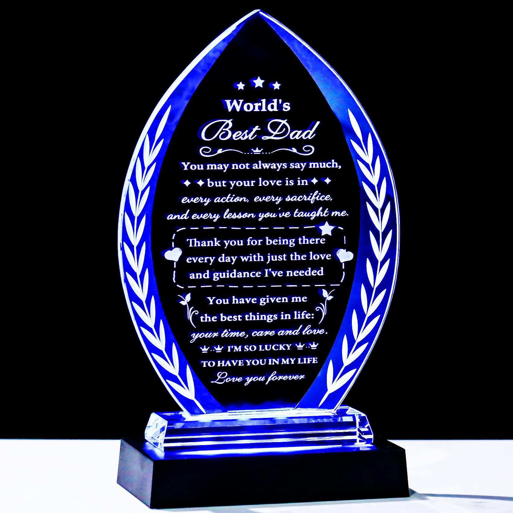 YWHL Regalo di compleanno per papà da figlia figlio con base luminosa, regalo per la festa del papà, incisione laser per papà ricordo di cristallo per Natale