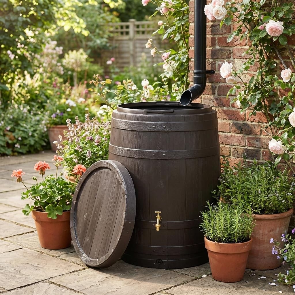 Serbatoio dell'acqua da 250 litri | Barile in polietilene imitazione legno 65 x 95 cm | Serbatoio acqua piovana per giardino | Serbatoi d'acqua decorativi per giardino