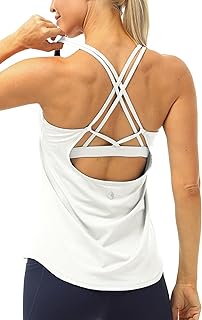 icyzone 2 en 1 Camiseta de Tirantes para Mujer Cruzado-Cruzado Colores Lisos Strappy Chaleco Deportivo Fitness