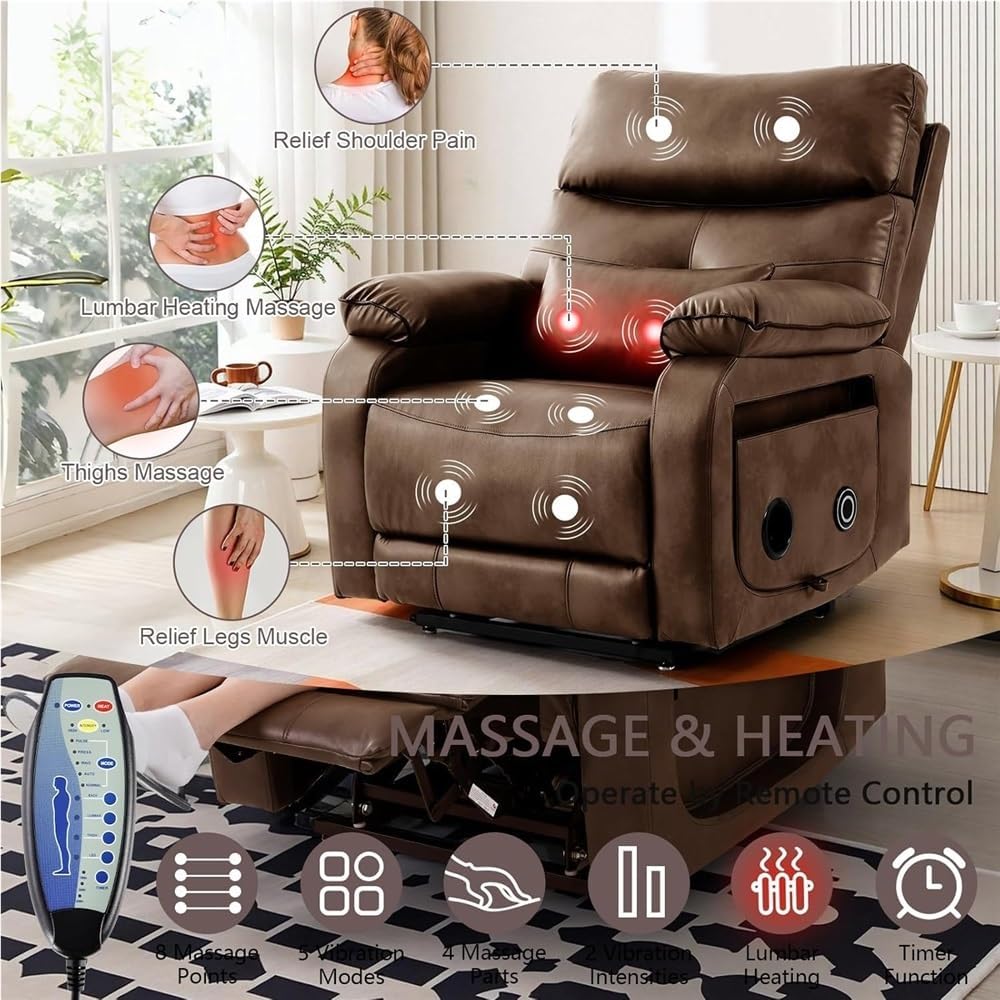 Breathable PU Leather Power Lift Recliner Chair for Elderly with Heat and Massage Electric Lay Flat Lift Recliner with Side Pockets Cup Holders USB Ports Large Lift Chair