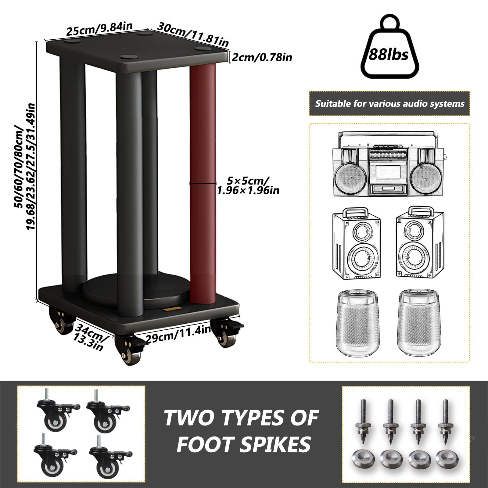 Heavy Duty Speaker Stand, speaker floor stand Each Holds 88lbs Large Speaker, Vibration-Absorbing MDF Design, speaker stands with feet and universal wheels, Can be moved and rotated 360° (80cm/31.4in)