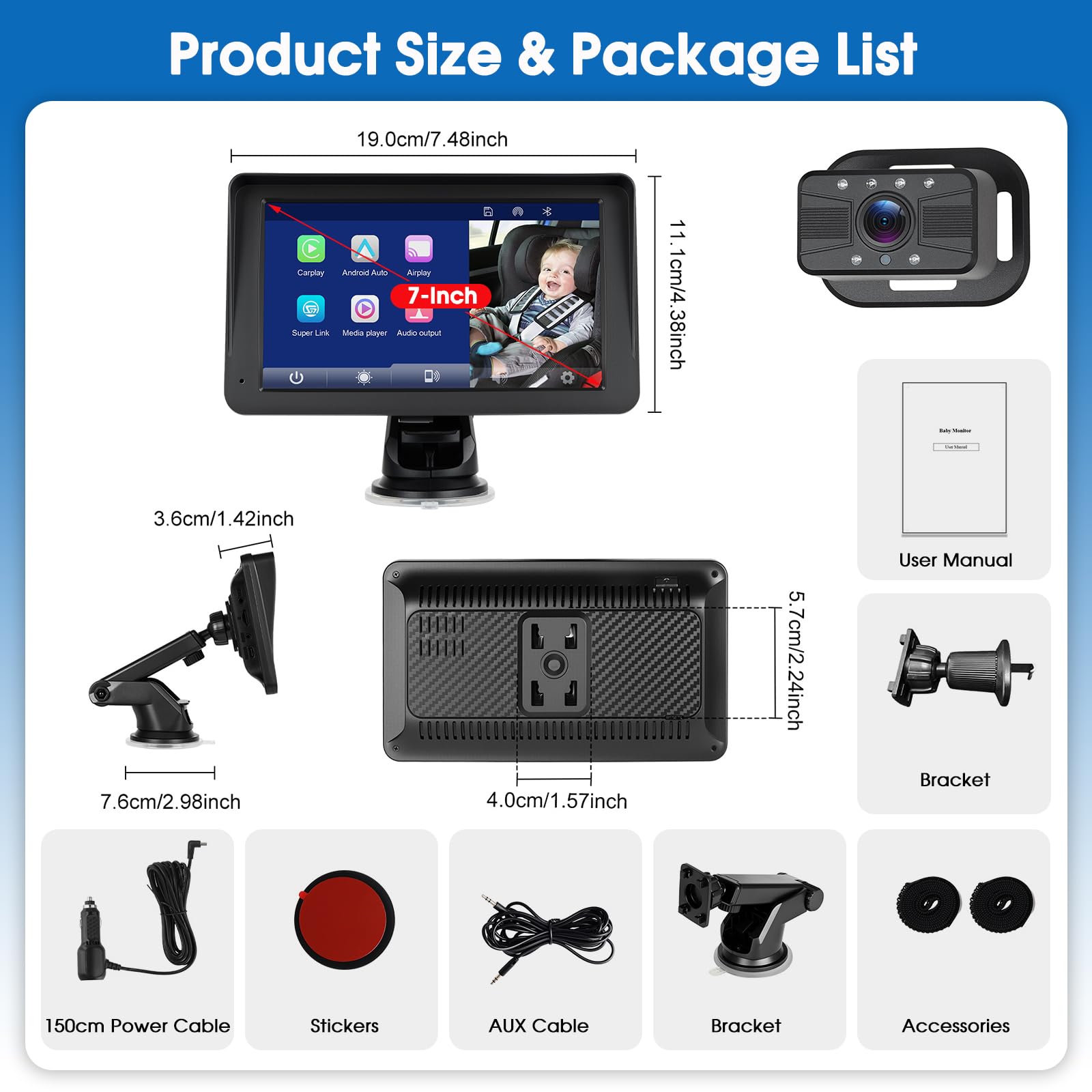 Caméra bébé 7'' avec écran Tactile IPS - Babyphone sans Fil Android Auto, AirPlay, Android Cast, Bluetooth, GPS en Ligne, Vision Nocturne avec éclairage Infrarouge, Installation Facile, 7-32V