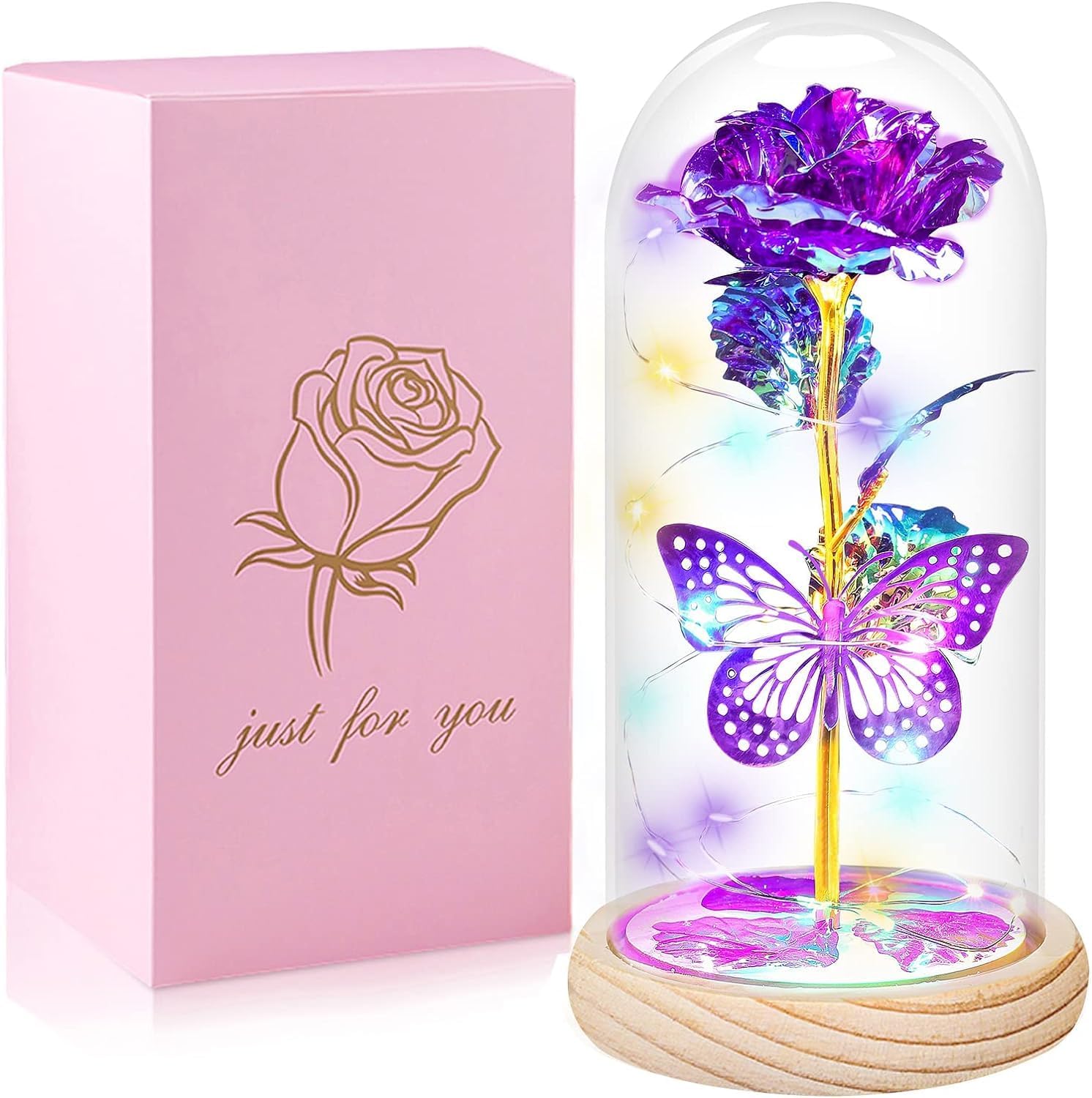 QUNPON Gifts for Women Eternal Rose in Glass Beauty and the Beast Rose in Glass Dome with LED Lights Artificial Flowers Rose Gifts for Christmas Birthday Mum Girlfriend Grandma
