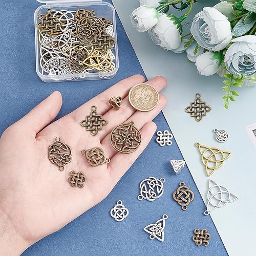 Miniatura 3 de SUNNYCLUE 1 caja de 56 dijes de nudo celta, dijes irlandeses de enlace de trinidad, cuentas de nudo de estilo tibetano, dijes redondos planos de