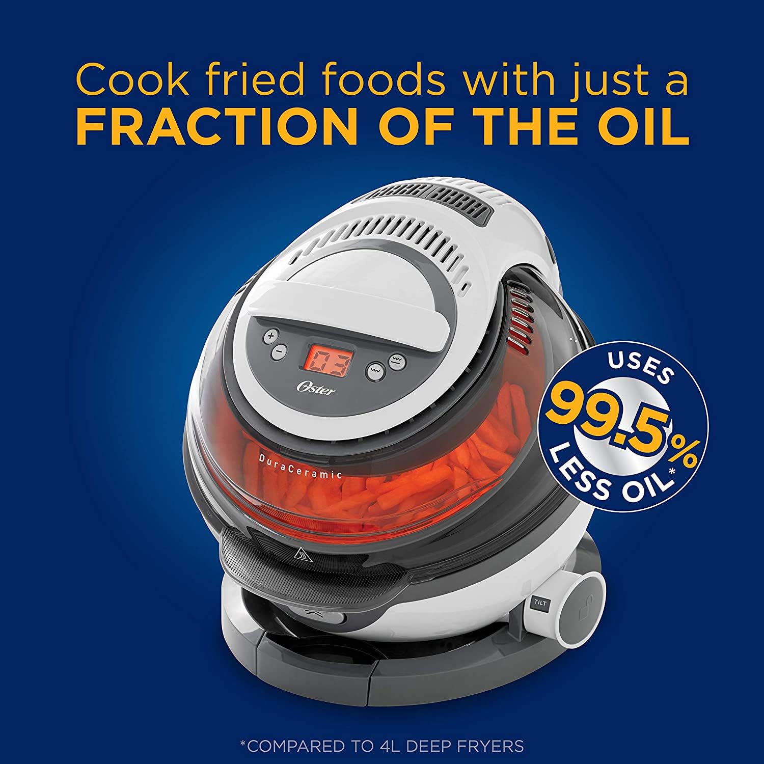 Oster Dura Ceramic Air Fryer cooking food, with text indicating 'Cook fried foods with just a FRACTION OF THE OIL' and 'USES 99.5% LESS OIL'.