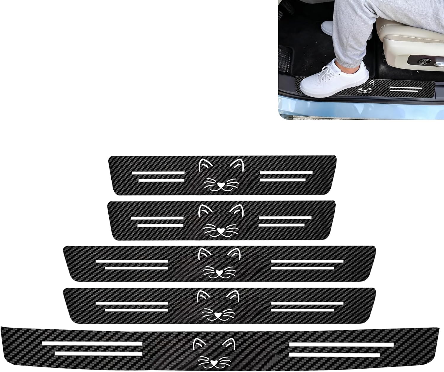Cat 5PCS Car Door Sill Protector,Carbon Fiber Leather Door Sill Sticker,Decor Doors Sill Scuff Plate Sticker for All Car Models,Cats Gifts for Men Women,Cat Car Accessories Decor