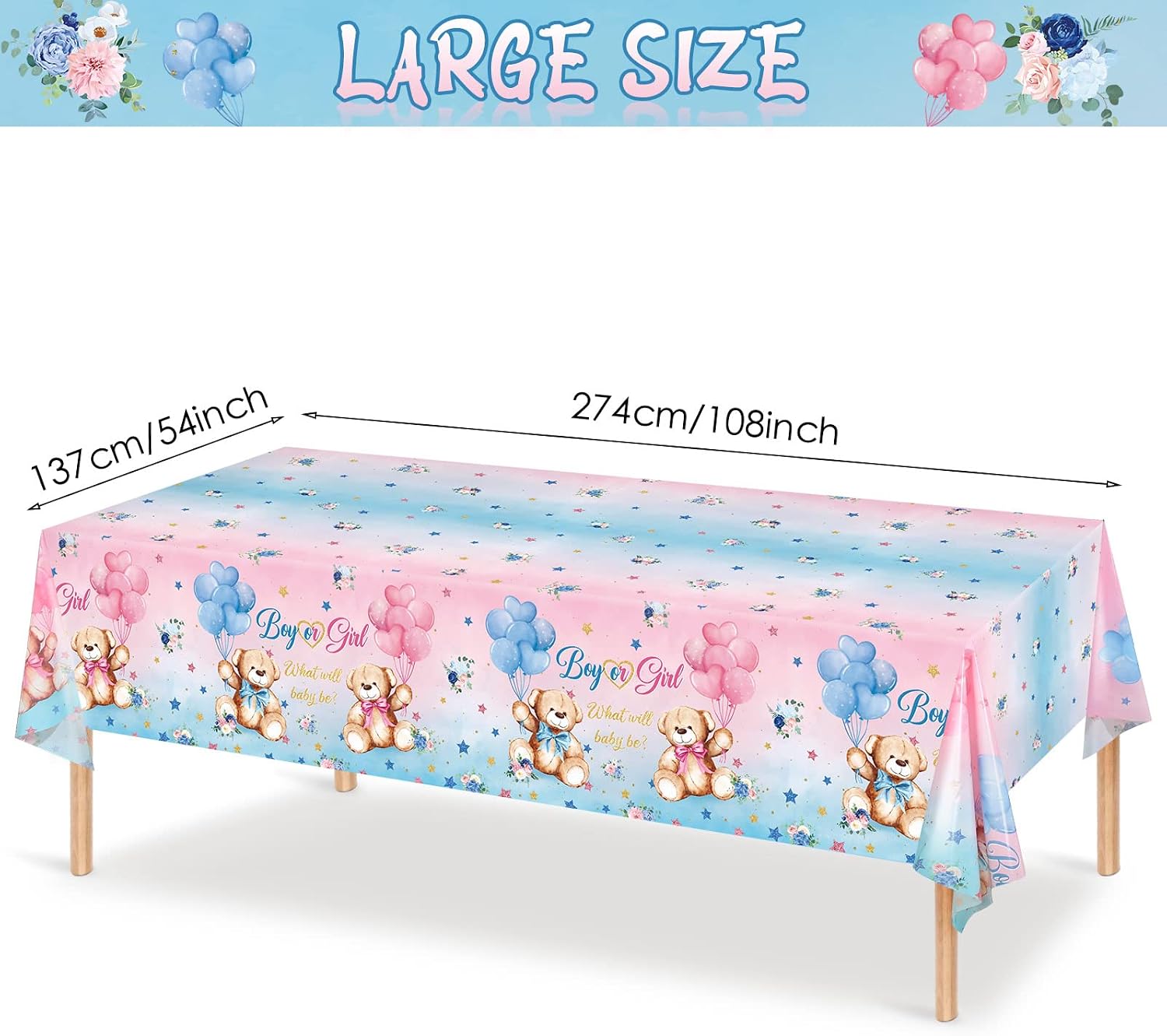 Capoda 3 Pcs Bear Baby Shower Tablecloths Gender Reveal Table Covers Rectangle Plastic Bear Table Cloths for Baby Shower Gender Reveal Party Decorations