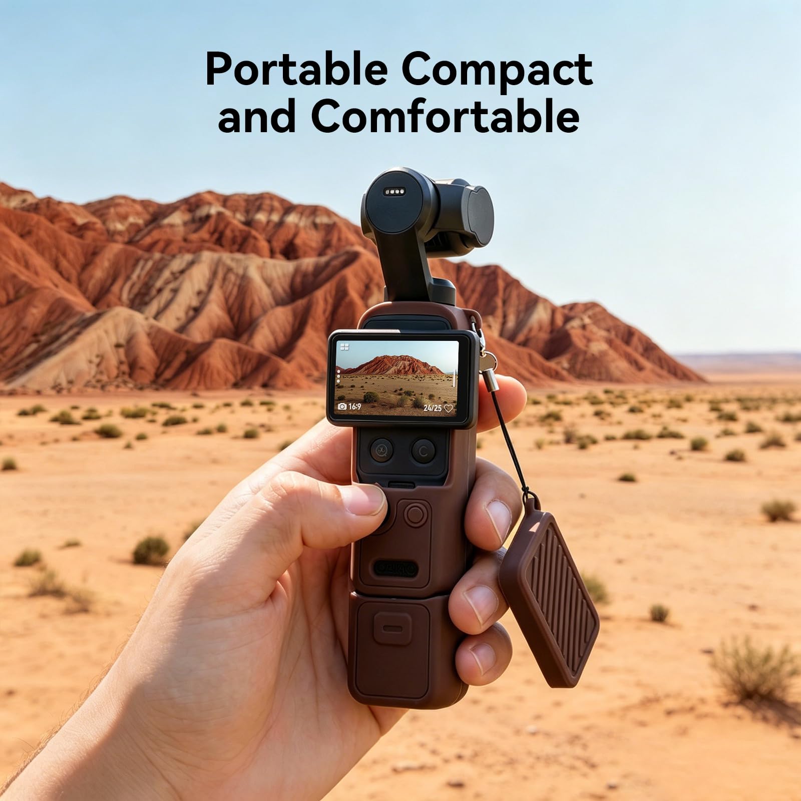 AMAZEAR Custodia Silicone per DJI OSMO Pocket 4, Pocket 4 Accessori Cover Protettiva Silicone Morbido Combo con Vetro Temperato Protezione Schermo Obiettivo, Supporto Silicone, marrone