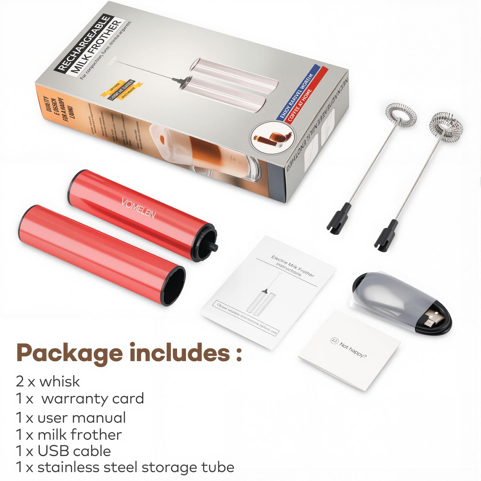 Montalatte, montalatte ricaricabile a batteria, per caffè, miscelatore portatile con 2 fruste in acciaio inox, schiumalatte per caffè cheto, latte, cappuccino, cioccolata calda, rosso rubino