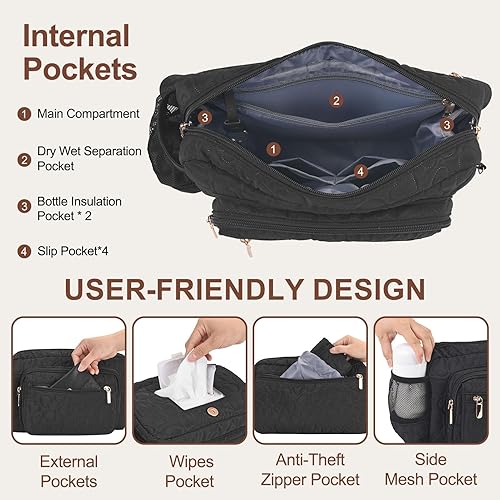 Miniatura 9 de Rexmore Riñonera para pañales con cambiador portátil, cintura cruzada ajustable para mujer, Negro, Bolsa de pañales pequeña de moda