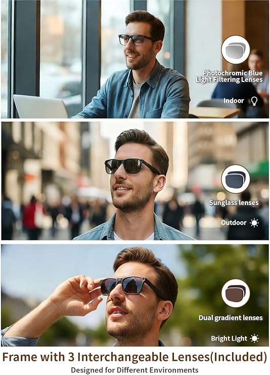 AI Smart Glasses with Camera, 8MP HD Camera Glasses with 1080P Video Recording, AI Translation Support & Recognition, Bluetooth Audio Sunglasses with Photochromic Lenses for Outdoor, Indoor