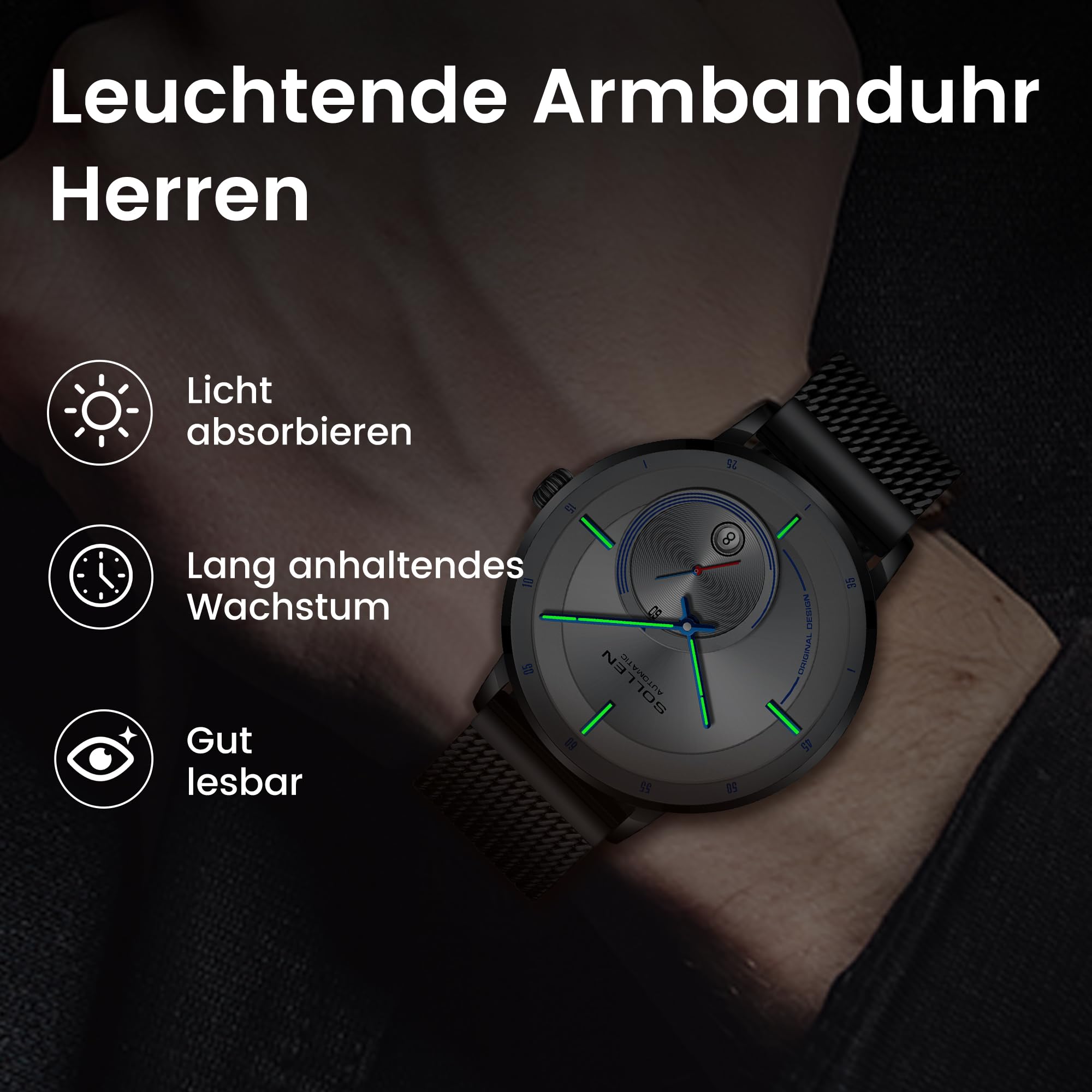 SOLLEN Klassische Herrenuhren Automatik,Automatische Herrenuhren mit Originales Mechanisches Uhrwerk,Automatikuhren Herren mit Kalendar & Sekundenzeiger,Leuchtend Armbanduhren als Geschenk für Männer