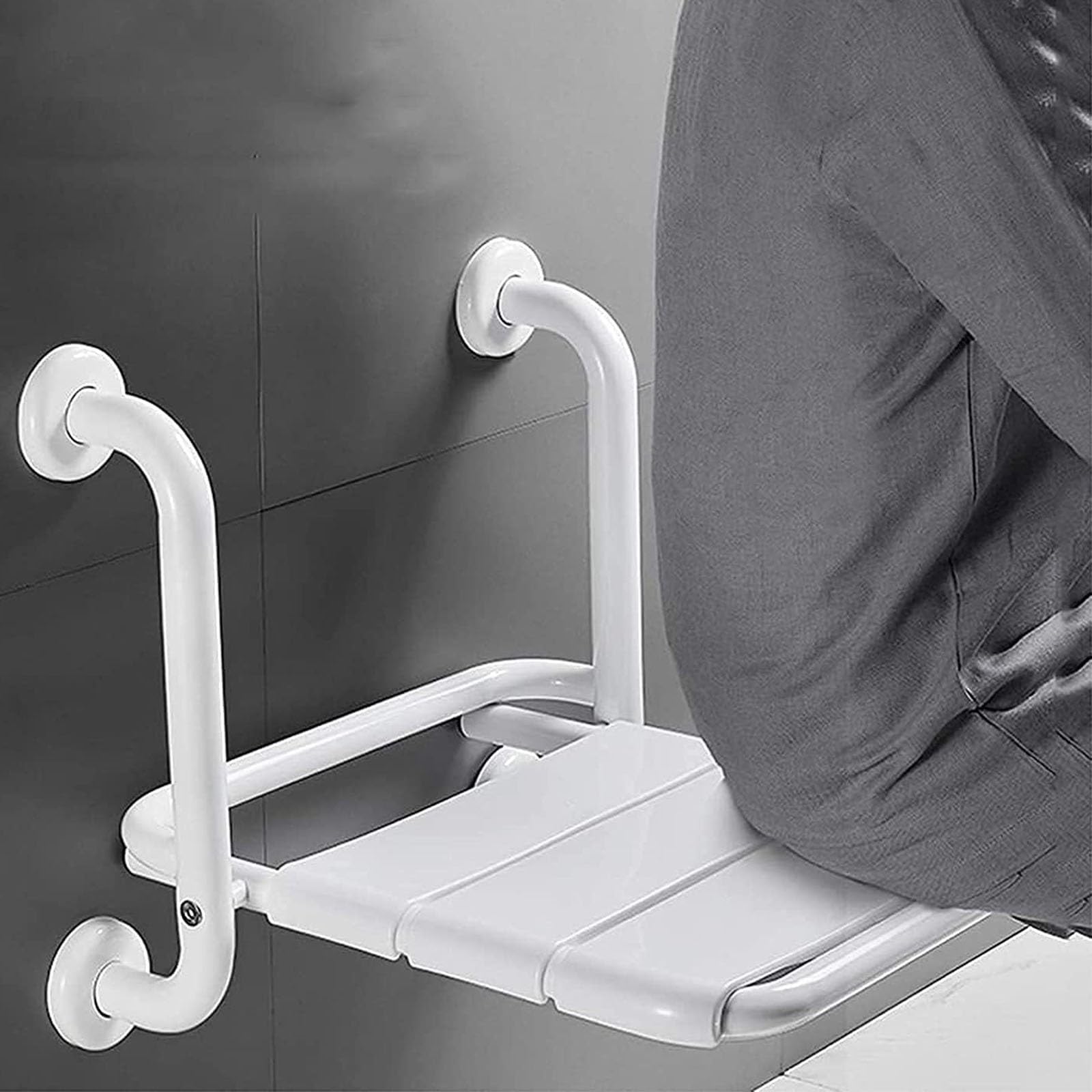 Taburete de Ducha Montado en la Pared Asiento de Ducha Abatible con Reposabrazos e Patas de Apoyo Taburete Baño Sillas para Ducharse para Personas Mayores y Discapacitadas