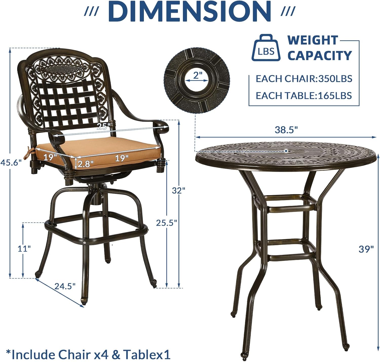 5 Piece Patio Cast Aluminum Bar Dining Set, Outdoor Free-Rust Patio Bar Table & Chairs Set, Include 4 Swivel Bar Stool Chairs & 38.5" Bar Height Table W/ 2" Umbrella Hole for Deck Garden