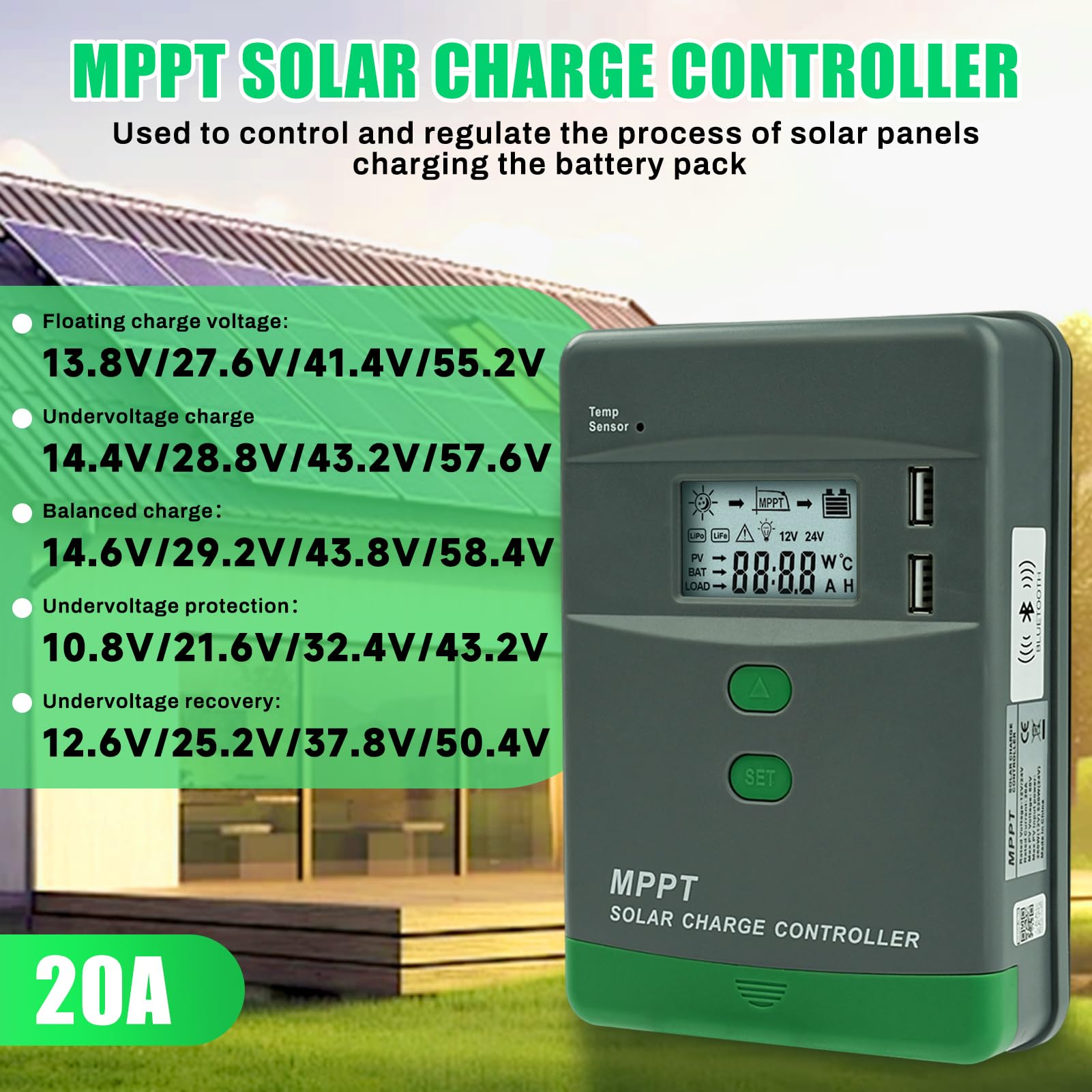Regulateur de charge solaire mppt 20A Bluetooth controleur de charge solaire Dual USB Identification automatique 12V/24V regulateur panneau solaire Tension max 60V Écran LCD MRL20