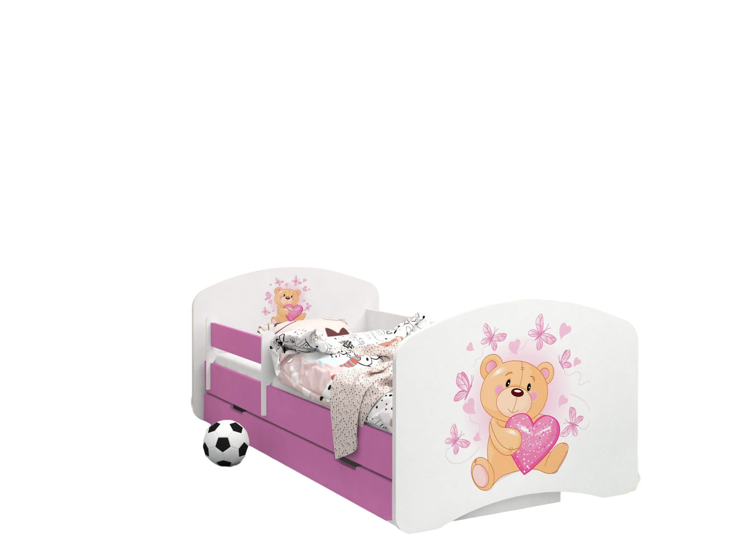 Happy Babies - Dwustronne łóżko dziecięce w kolorze różowym, nowoczesne wzornictwo z bezpiecznymi krawędziami i zabezpieczeniem przed upadkiem materac piankowy 7 cm (07. miś w miłości, 140 x 70)