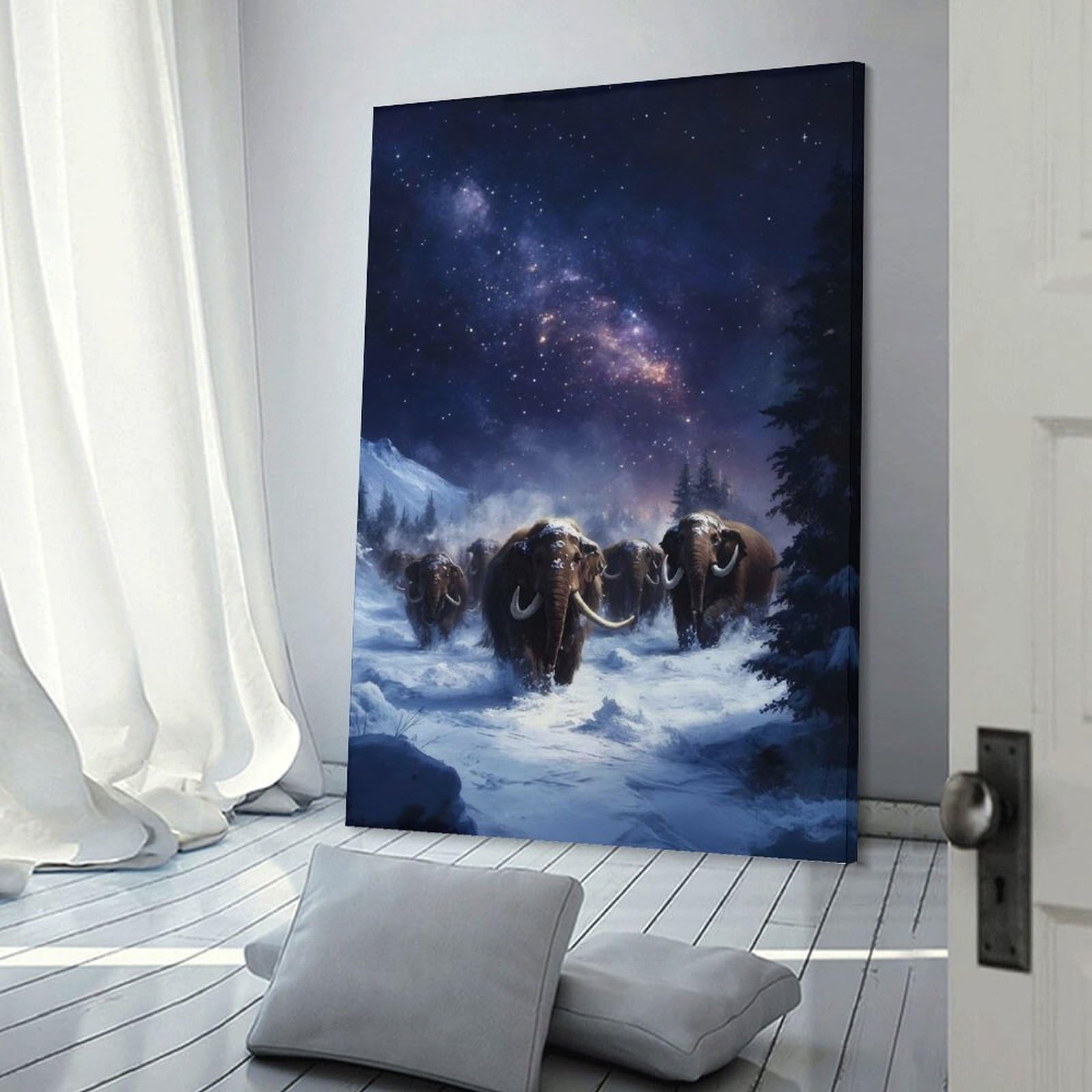 Junmoney Frame-Style-24 Woolly Mammoths Under The Night Sky Wall Decor Canvas Print 20X30inch(50X75cm), For Study, Office Or Apartment Decor, A Wall Art Gift For Fresh Interiors
