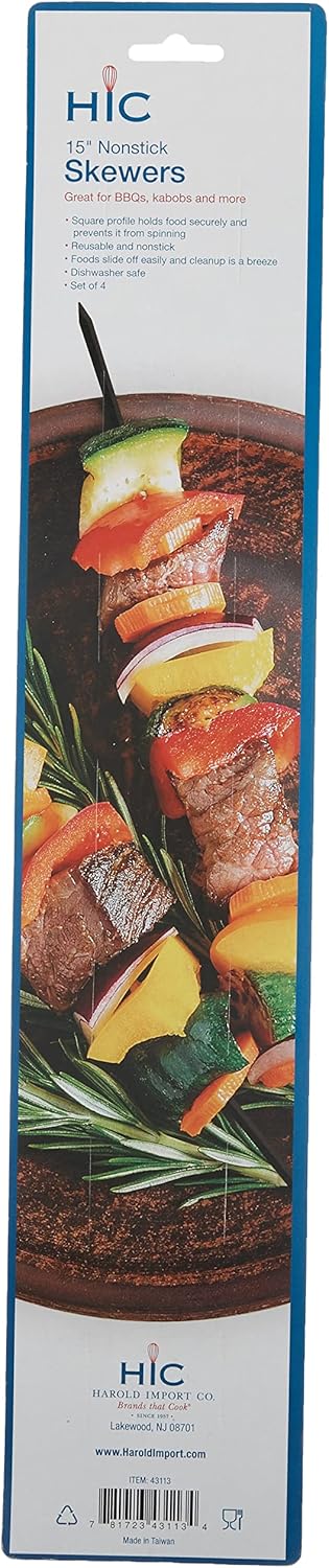 Harold Import Co. 43113 HIC Reusable Nonstick Barbecue and Grilling Shish Kabob Skewers with Ring-Handle Top, 15-Inches Long, Set of 4, 15 Inch, Black : Barbecue Skewers : Patio, Lawn & Garden