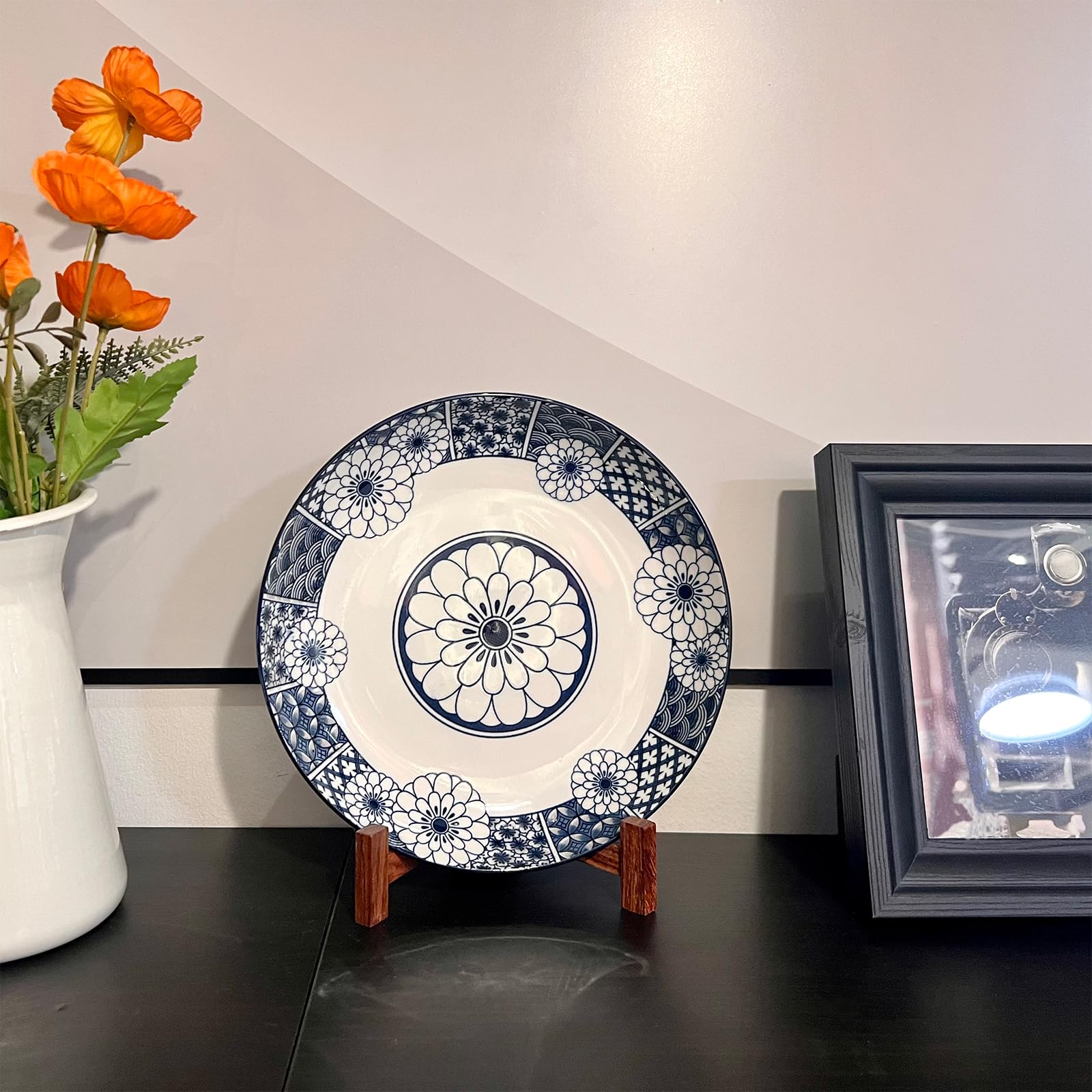 Soportes para platos para exhibición, soportes para platos de 7 pulgadas para exhibir, estante de platillo de mesa de madera maciza rústica, caballete plegable para marco de fotos