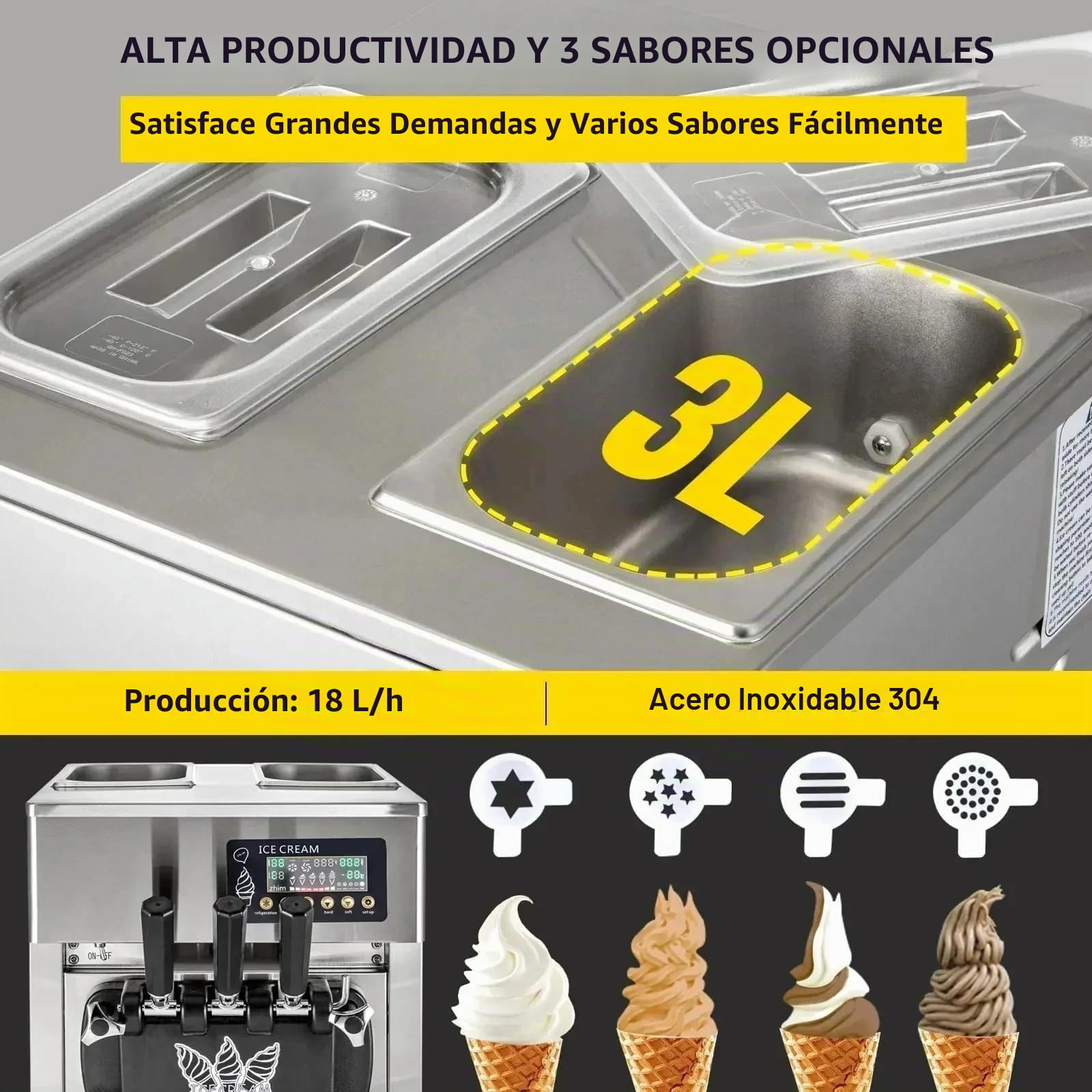 Máquina de Helados Comercial 2X3L 1200W 18L/h 3 Sabores Máquina para Hacer Helados servicio suave con Panel LCD Limpieza Automática para Yogur Café Snack-bars Restaurante Mercado Tienda