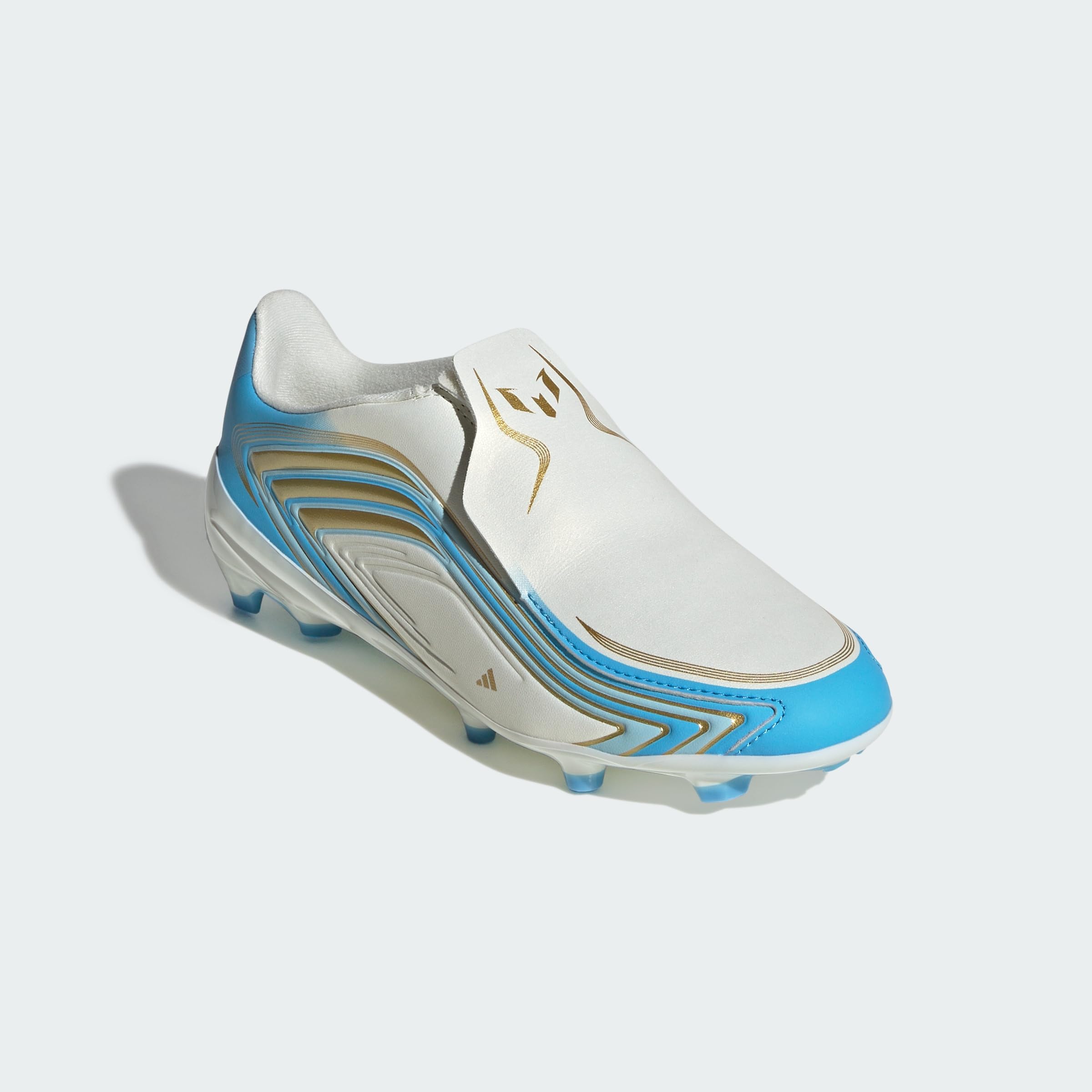 adidas Uniseks - dzieci F50 Messi League Laceless Firm Ground Football Boots Kids Shoes, ivory/semi blue burst/icey blue, 38 2/3 EU