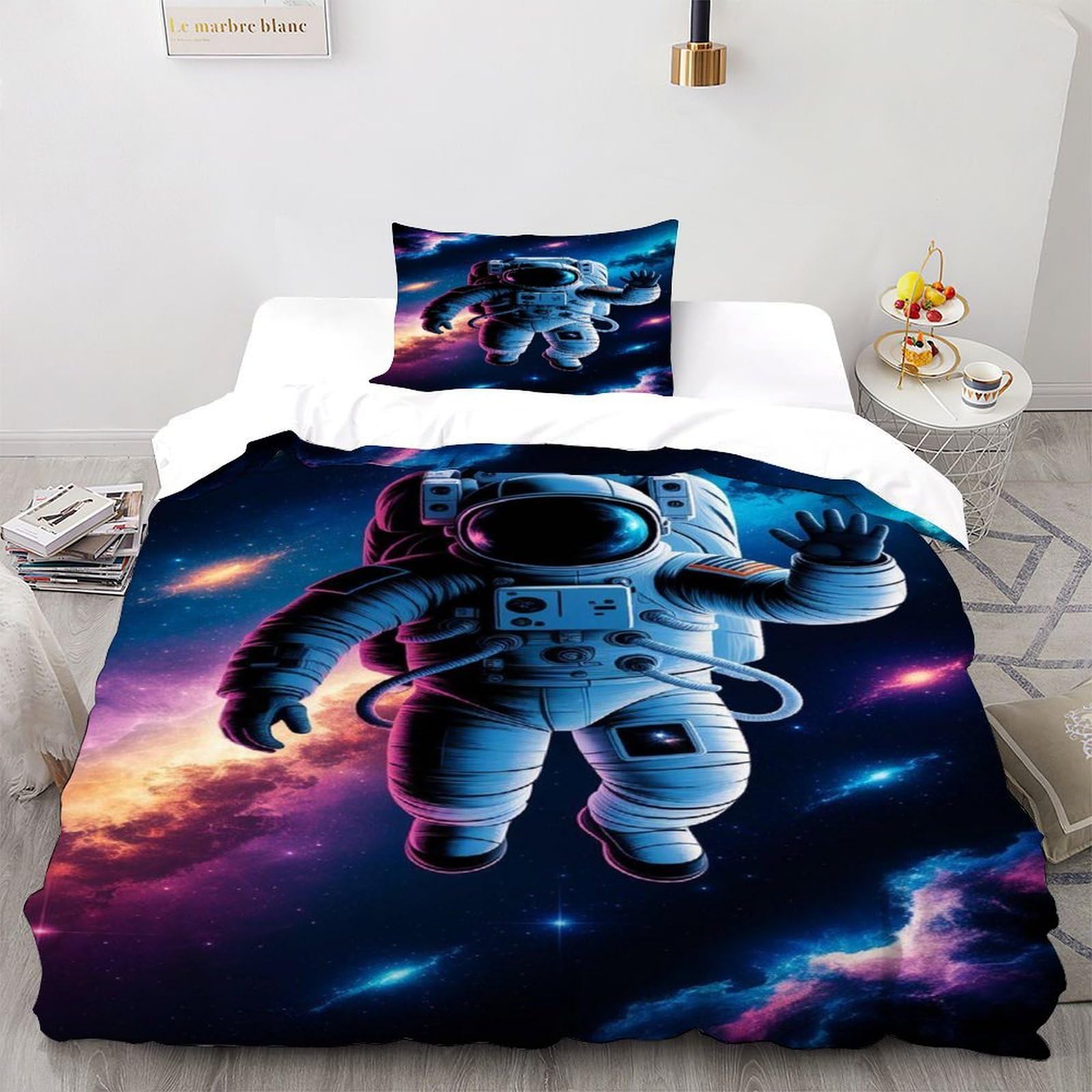 Astronaut Galaxy Bedding Set 3D Design Space Theme Duvet Cover Set Chic Breathable Quilt Cover Suitable for Family, Couple, Children with Pillow Single（135x200cm）