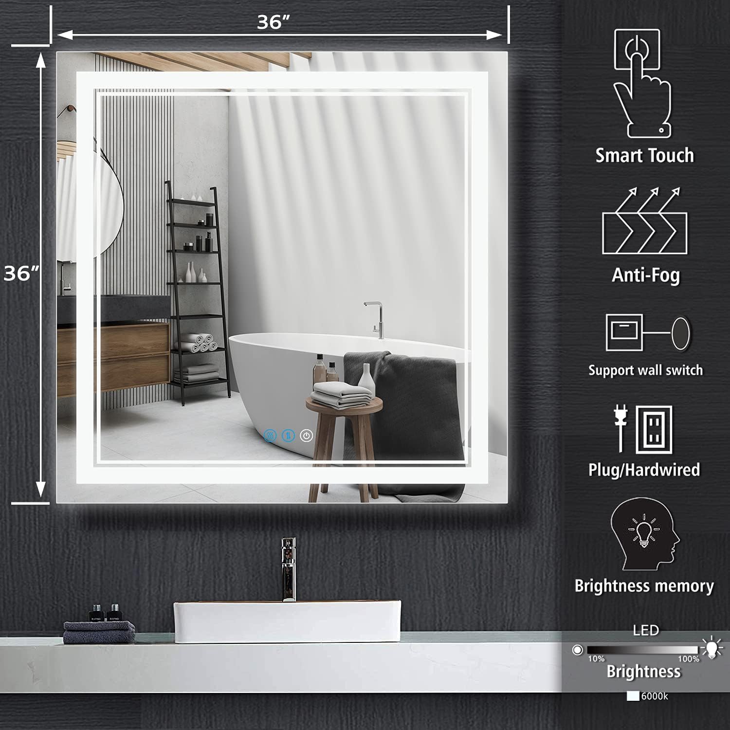 36 x 36 Inch Square LED Bathroom Mirror for Bathroom Wall Mounted Lighted Vanity Mirror with Lights 3 Color Dimmable 36" Bathroom Light up Mirror Anti-Fog 36 LED Smart Vanity Bathroom Mirrors