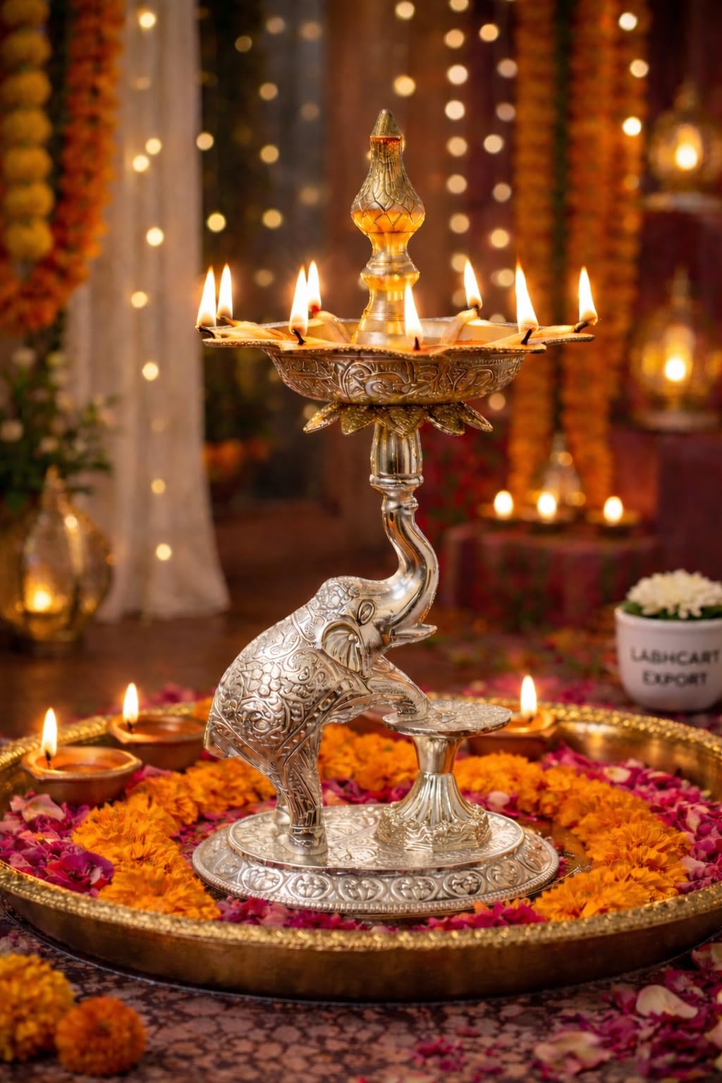 Decorative Brass Diya Stand with Elephant Design, Multi-Wick Oil Lamp Holder, Traditional Indian Pooja Decor-image-10