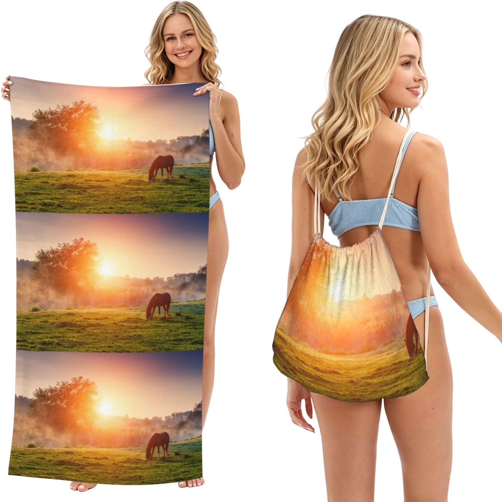 Poadnly Horse At Dusk, 2 in 1 Packable Towel Bag, Beach Towels with Drawstring Backpack for Travel Holiday Camping