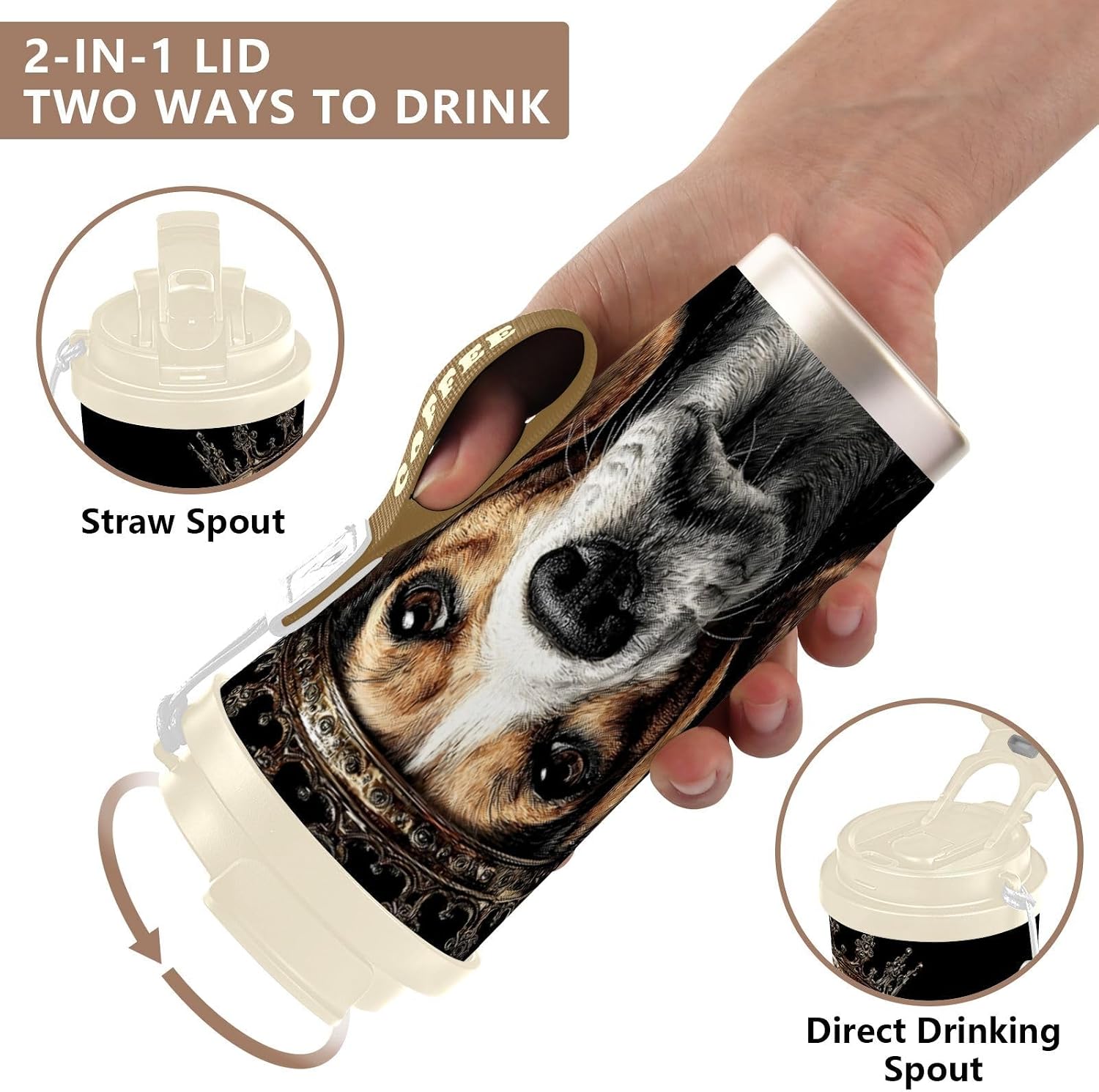 Dog Portrait Crown Insulated Coffee Mug with Straw & Flip Lid, 16.9oz Iced Tumbler Cup, Double Wall Vacuum Mug for Travel Office