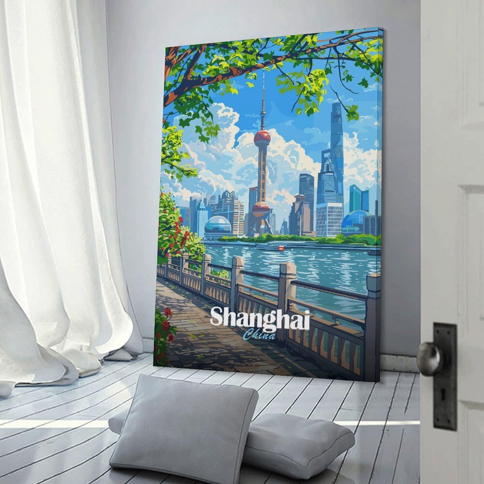 Junmoney Canvas Wall Art Shanghai China Cityscape Illustration, 12x18inch(30x45cm), for Corridors, Hallways Or Apartment Entries, Decorative Canvas Styling for Entry Areas