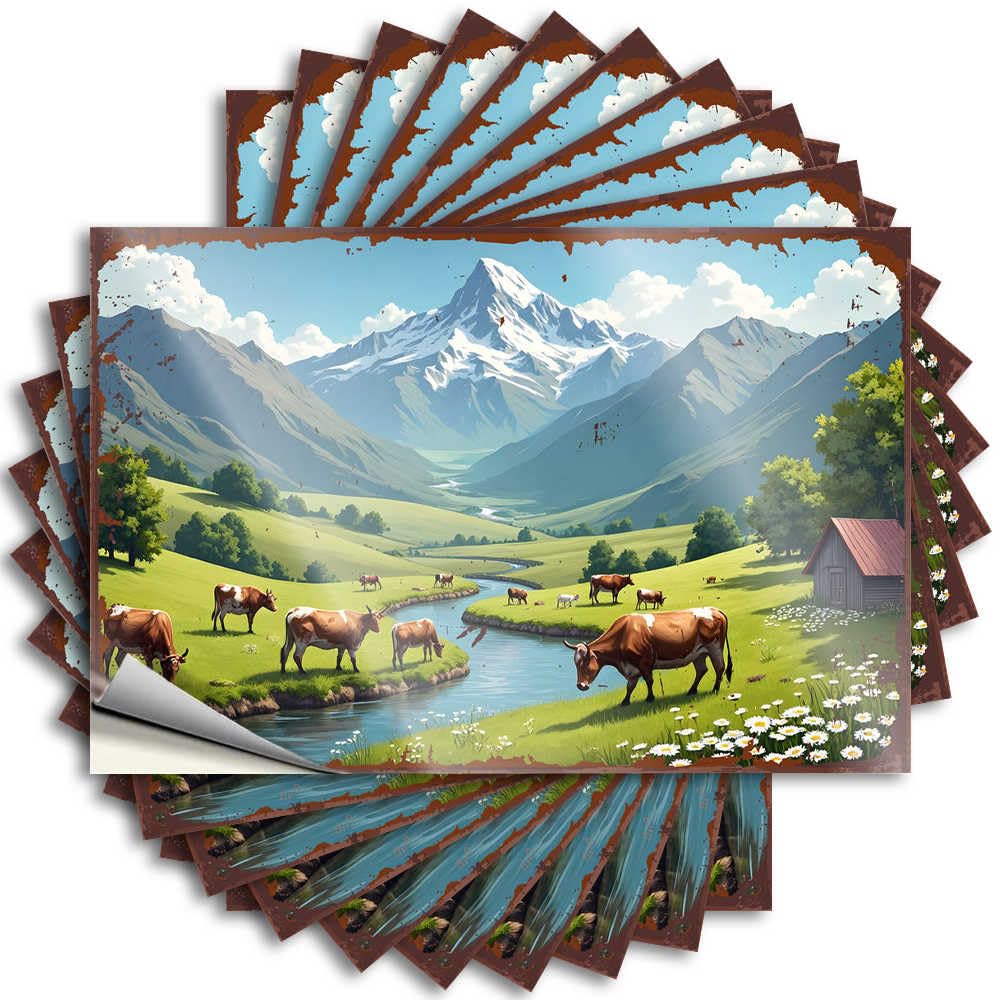Saying Lake House Decorations Easy Apply | Pastoral Scene with Cows Grazing By A River in Front of Snow-CAPP Big Wall Peel and Stick(12X18CM)