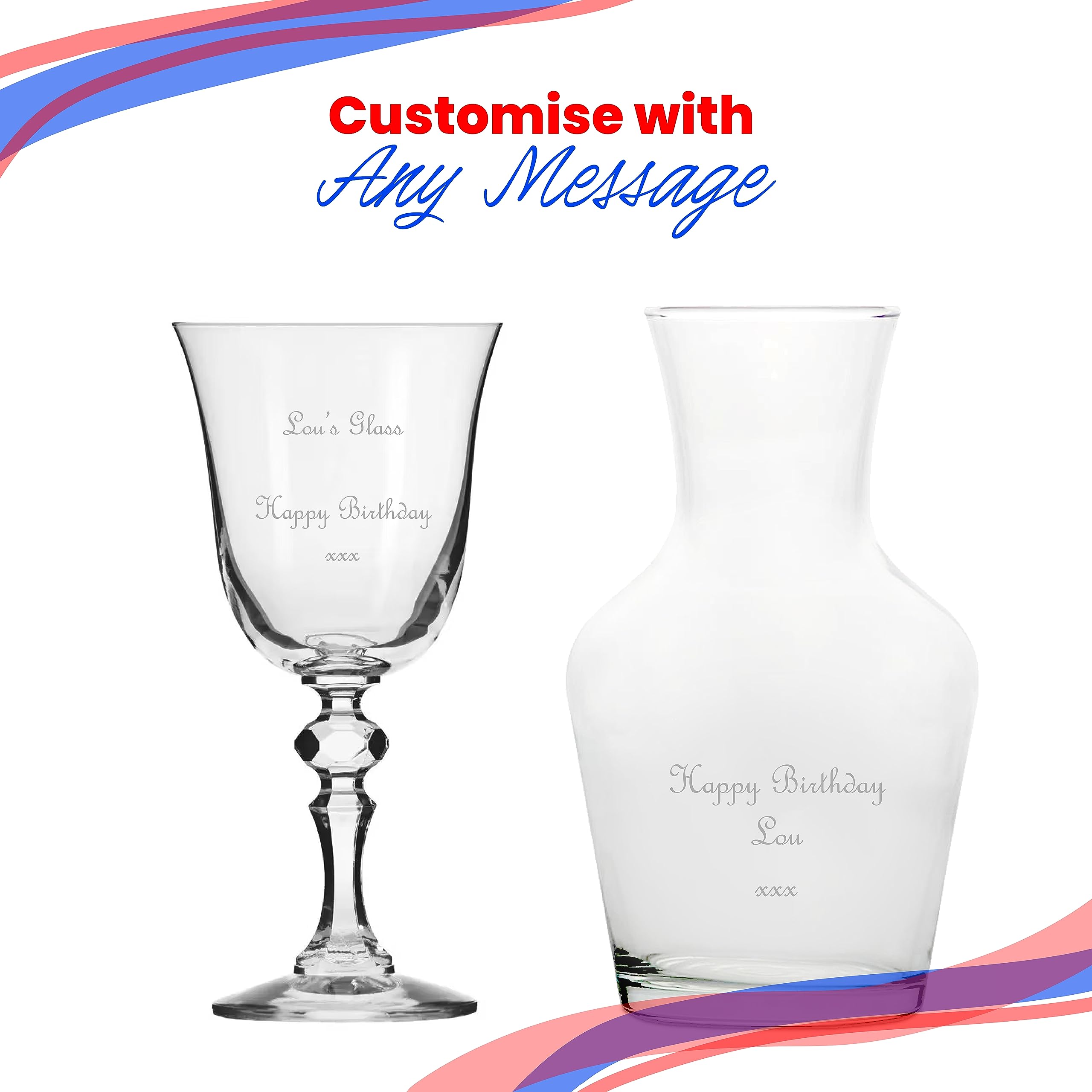 Juego de 2 copas de vino de jazmín de cristal grabado personalizado y juego de jarra Vin de 500 ml, personaliza con cualquier mensaje para cualquier ocasión, estiliza a partir de una variedad de
