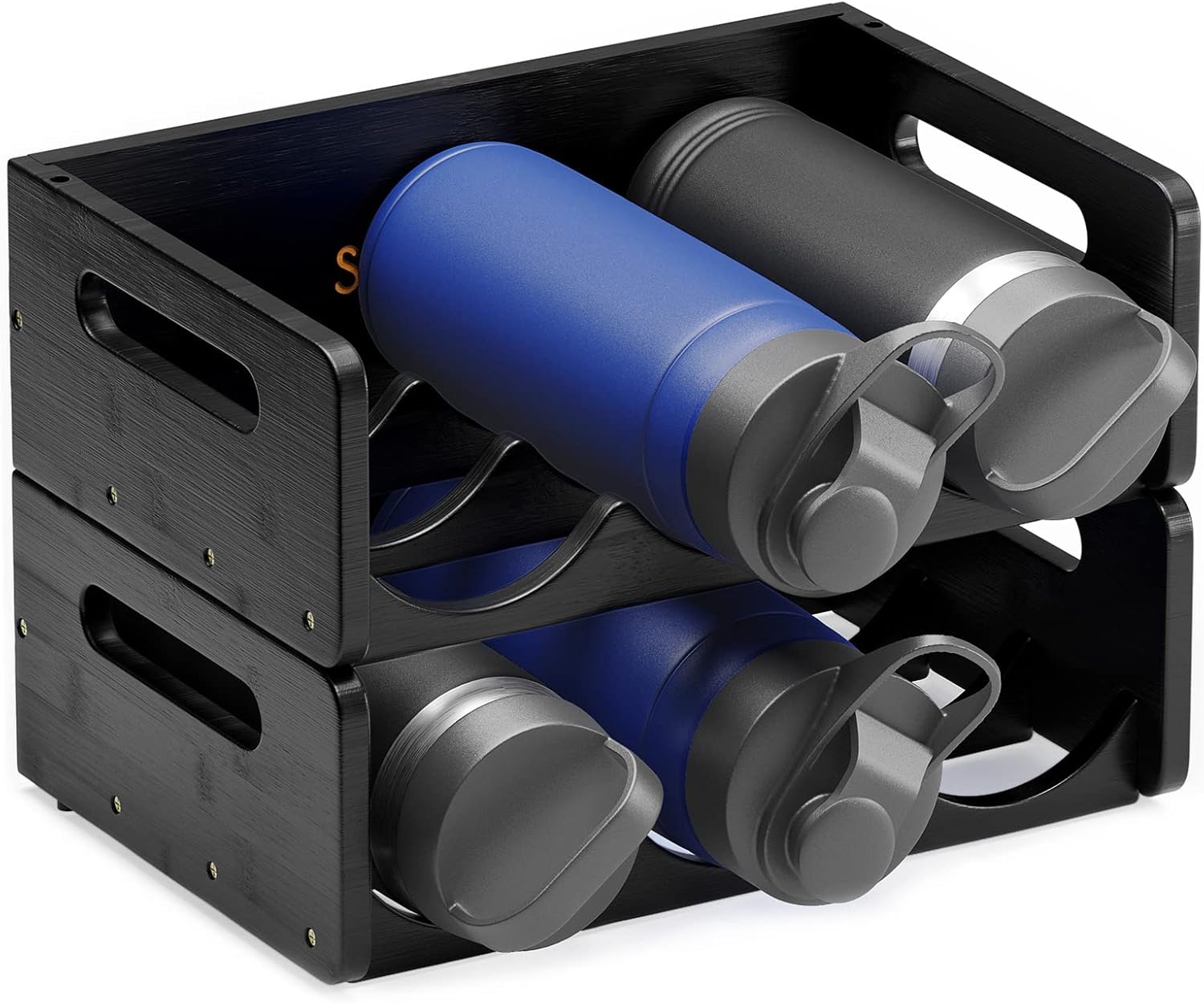 SpaceAid Bamboo Water Bottle Organizer with Labels, Kitchen Pantry Storage Rack for Cabinets, Home Cup and Wine Bottle Holder Shelf Organizers, 2 Pack 3-Slot, Black