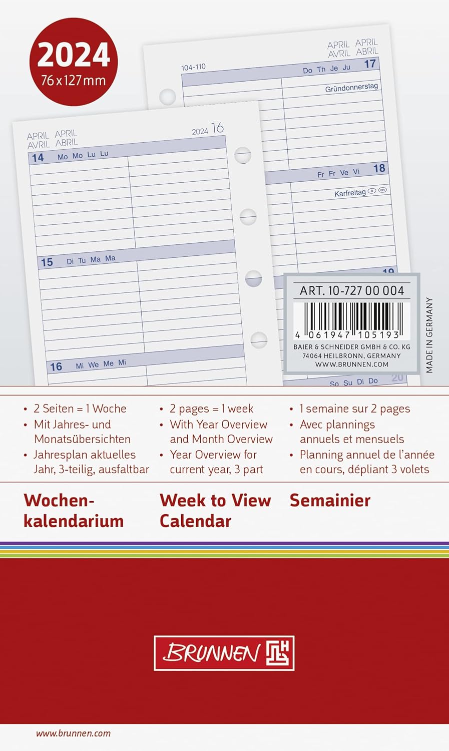 BRUNNEN Weekly Calendar MINI+ 2024 2 Pages = 1 Week Sheet Size 7.6 x 12.7 cm White