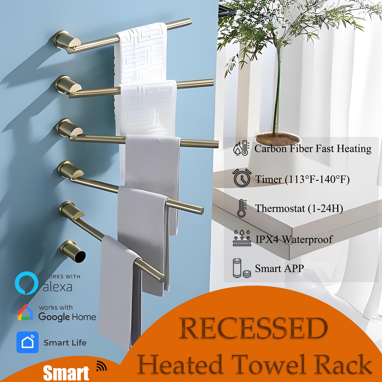 Heated Towel Rack Concealed Smart, 93W Swivel Electric Towel Warmer for Bathroom, Built-in Modular Electric Towel Rack with Timer, Thermostat, LED Display, APP, 5 Bars 180° Rotation, Hardwired, Gold