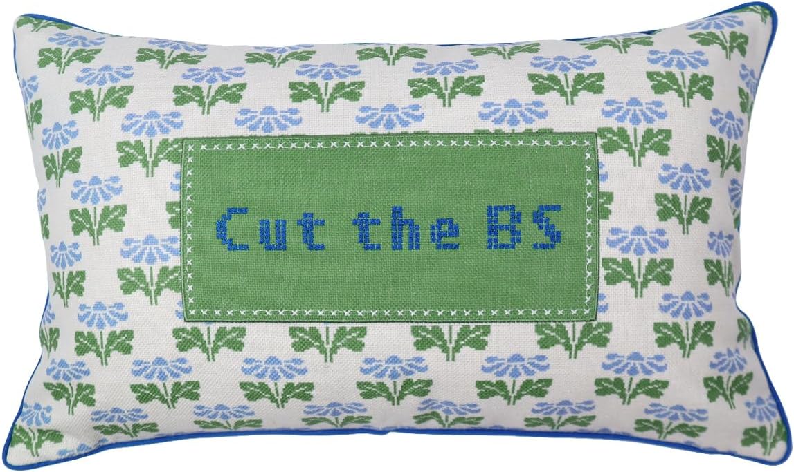 Green Floral Lumbar Pillow Cover 12x20 Inch - Cut the BS Cross Stitch Embroidery Funny Pillow Case for Couch Sofa Living Room Bedroom - Sarcastic Humor Home Decor Gift for Women Friends