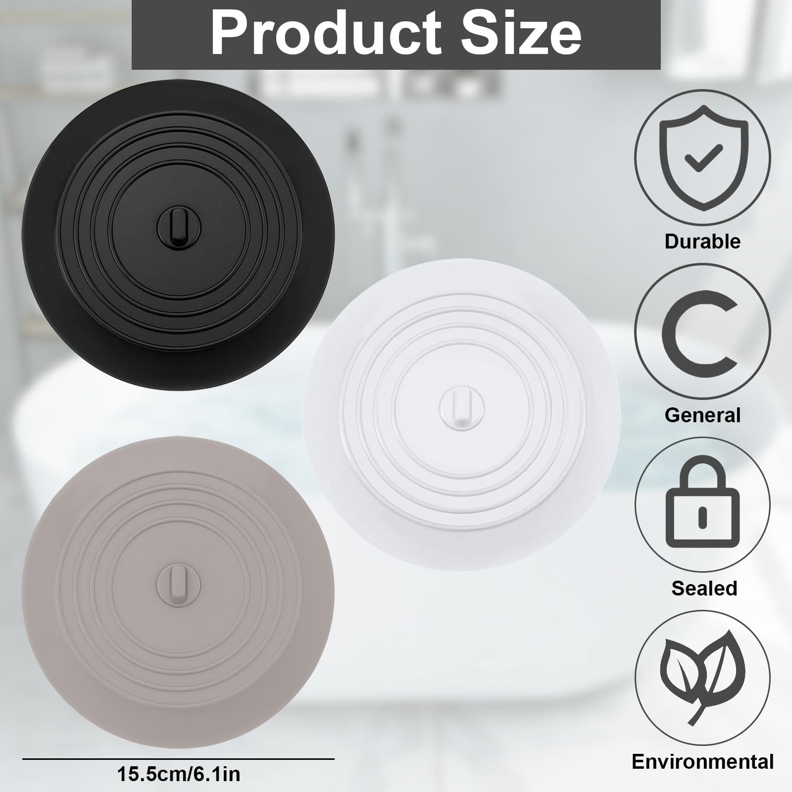 Tapón de bañera de silicona, 3 piezas Tapón de drenaje Tapón de bañera universal, Tapón de fregadero de cocina, lavabo de baño, tapón de bañera para ducha, bañera, lavabo, fregadero