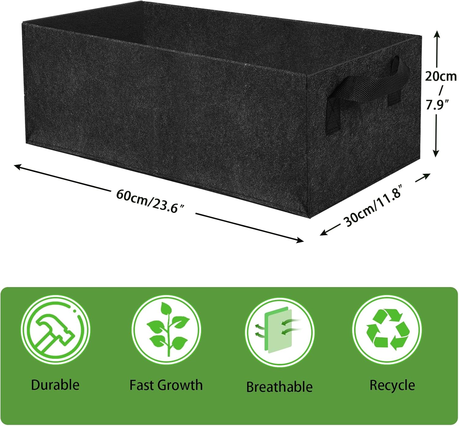 3 Pack Plant Grow Bags,Breathable Fabric Raised Garden Bed,36L/9.5 Gallon 400GSM Heavy Duty Rectangle Growing Pots for Vegetable,Flowers,Fruit/ Flower Planter Containers with Handles(60x30x20cm) - Image 2
